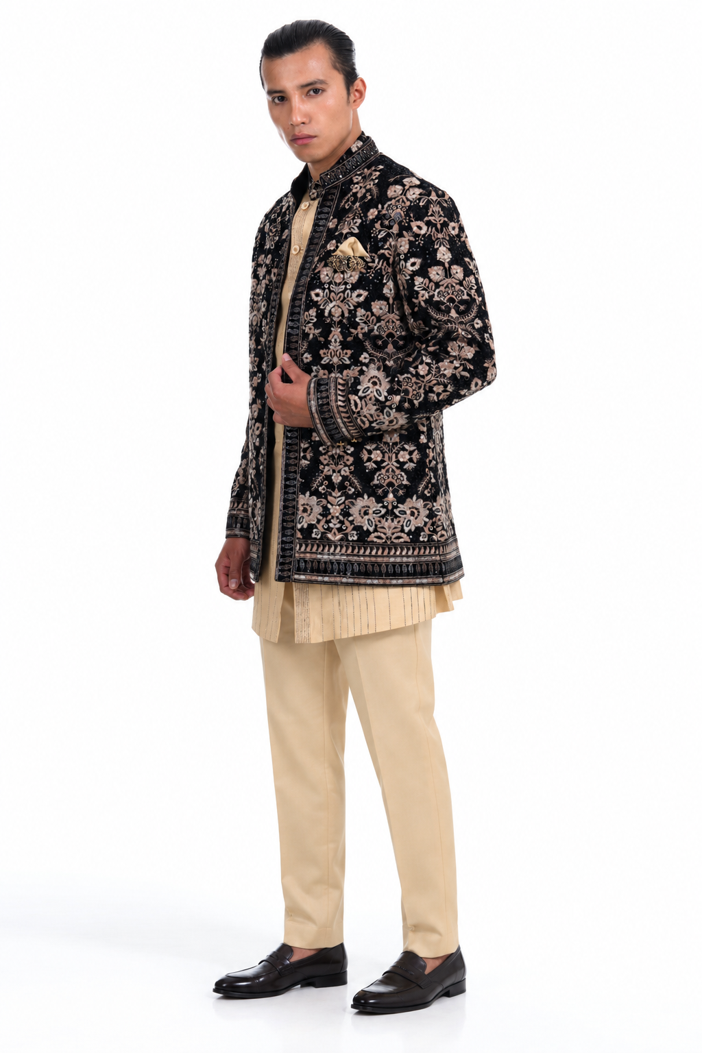 Midnight Noir Floral Embroidered Indo Western  Set