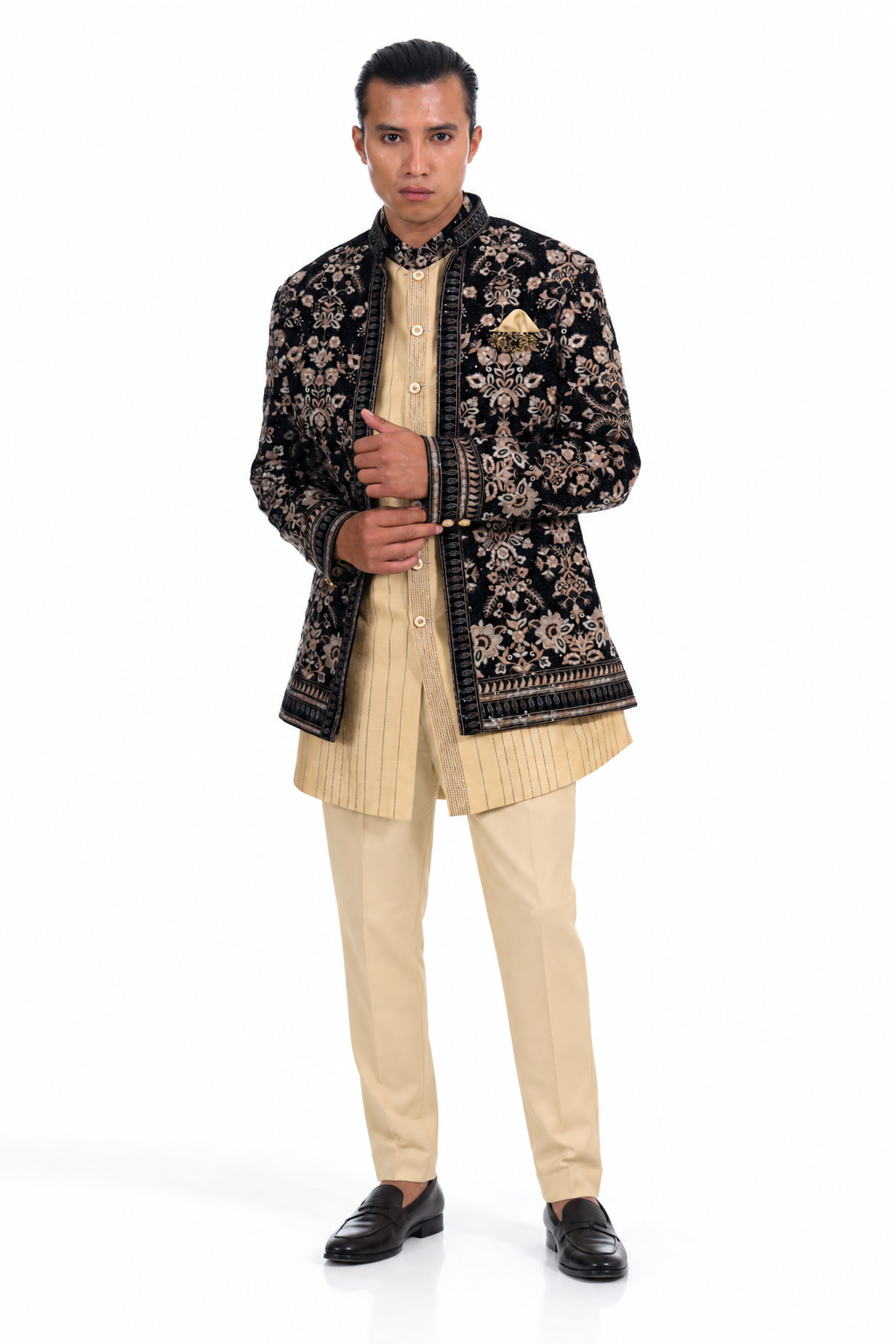 Midnight Noir Floral Embroidered Indo Western  Set