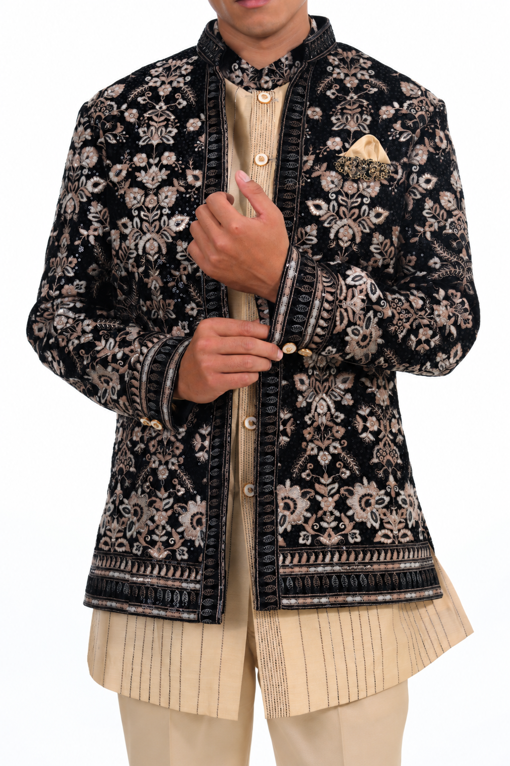 Midnight Noir Floral Embroidered Indo Western  Set