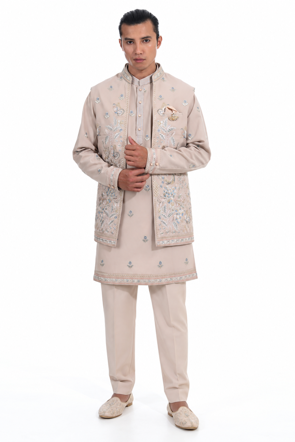 Fawn Peacock Embroidered Indo Western Set