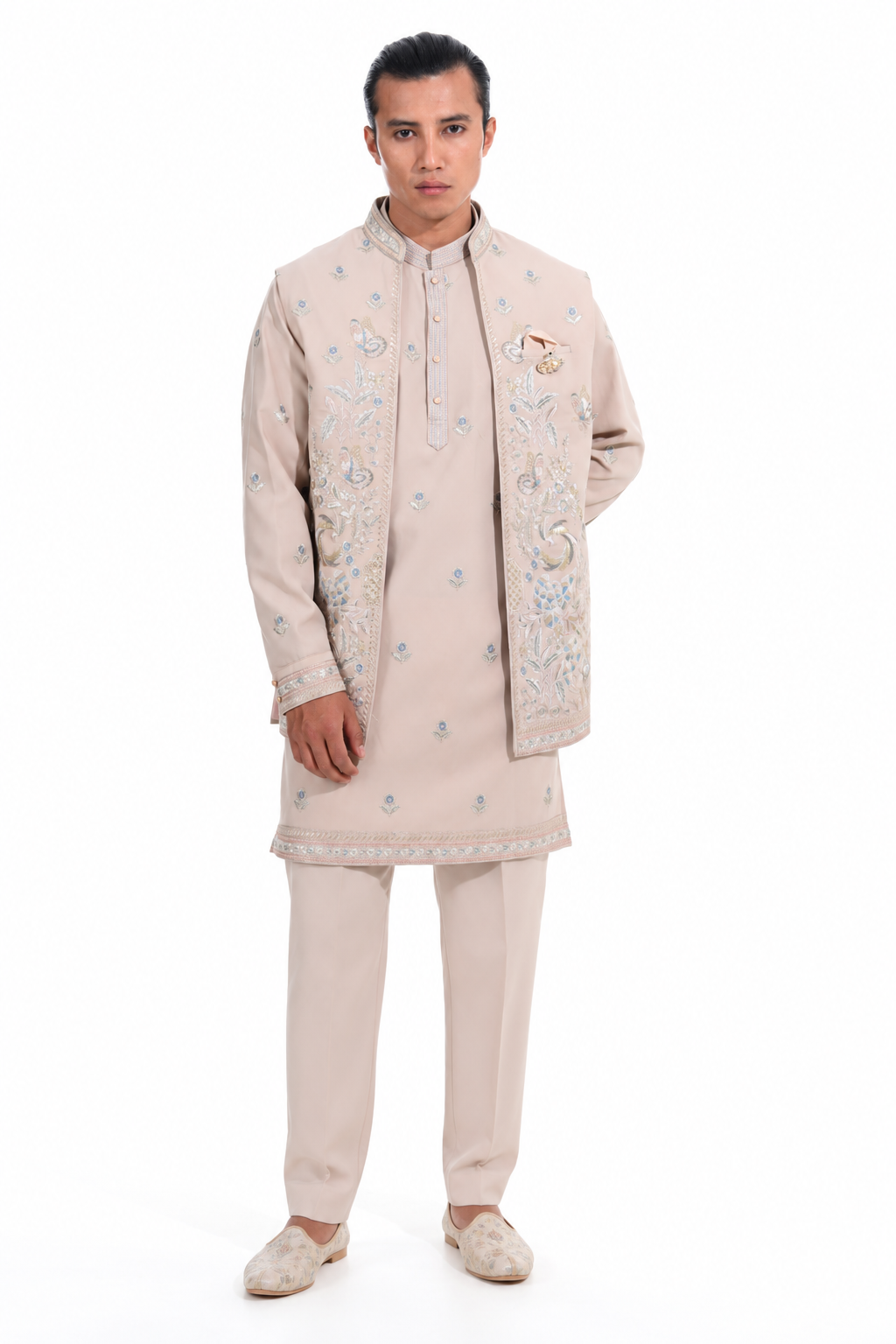Fawn Peacock Embroidered Indo Western Set
