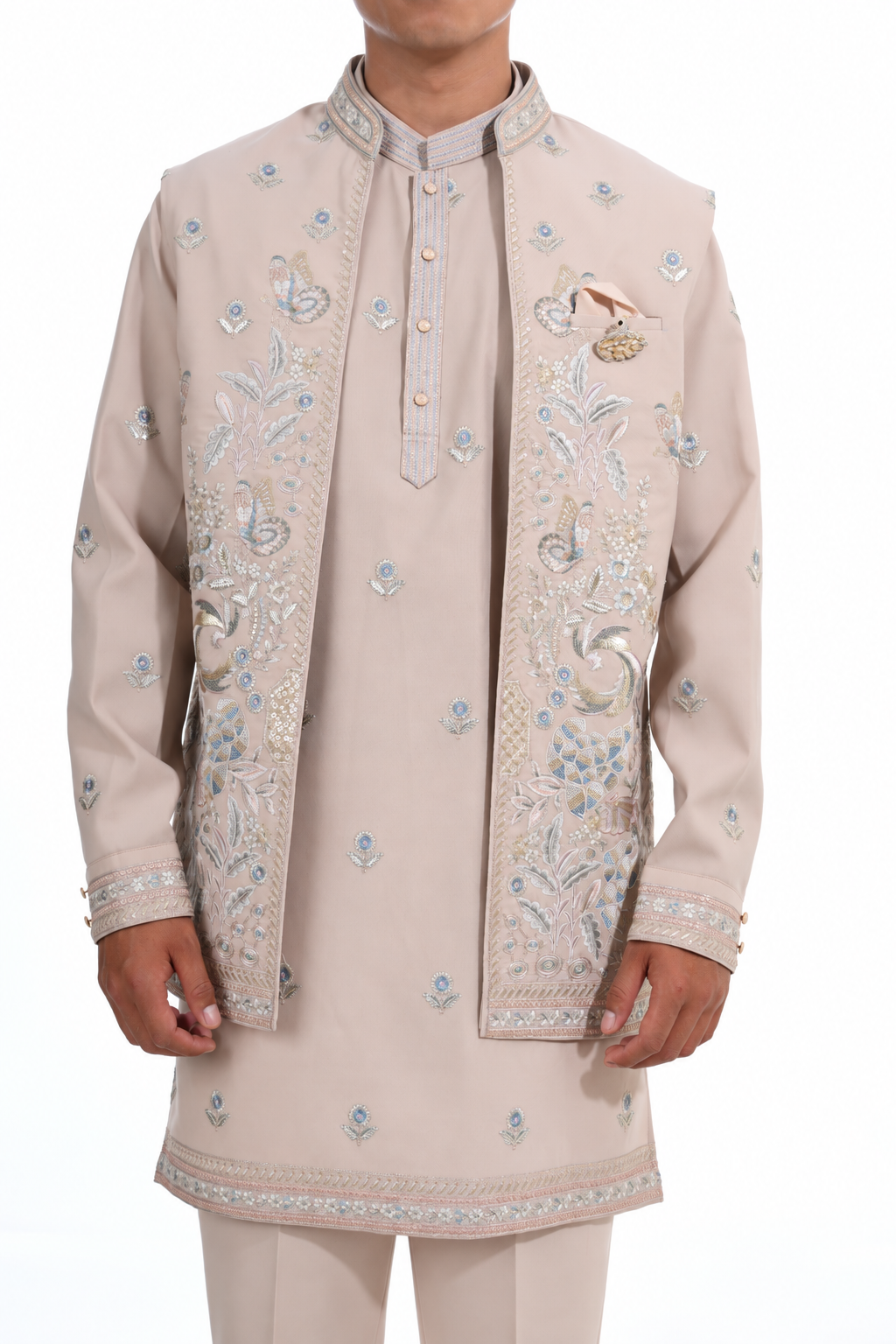 Fawn Peacock Embroidered Indo Western Set