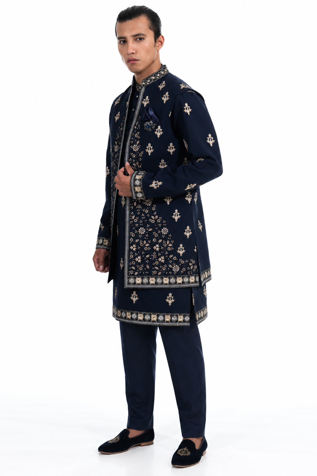 Midnight Blue Floral Embroidered Indo Western Set