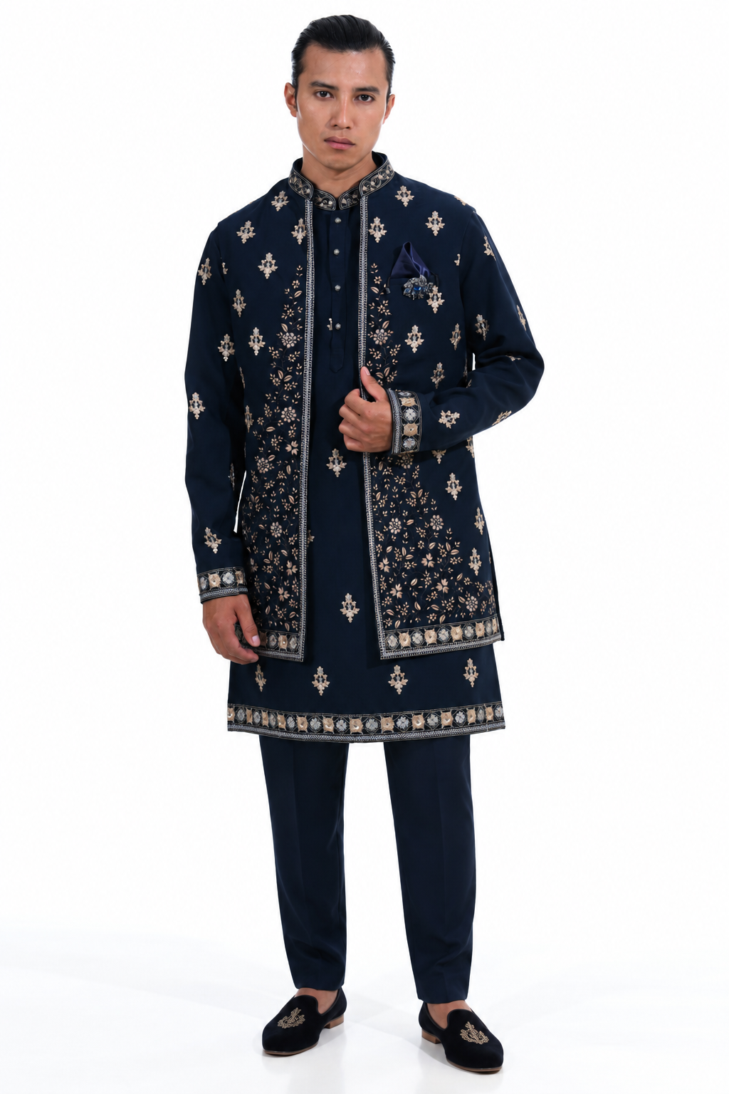Midnight Blue Floral Embroidered Indo Western Set