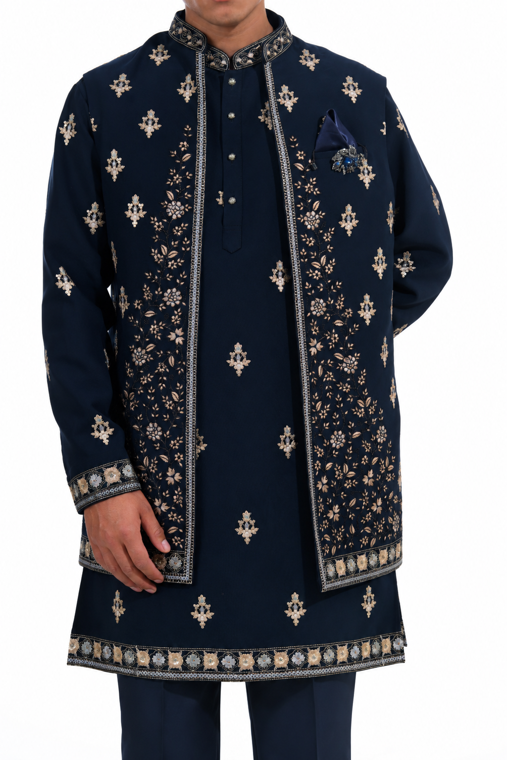 Midnight Blue Floral Embroidered Indo Western Set