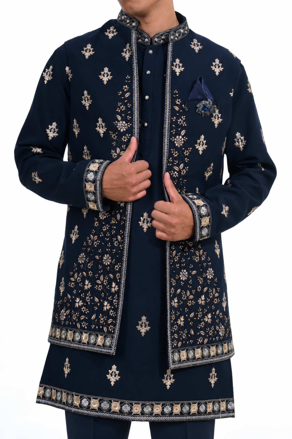 Midnight Blue Floral Embroidered Indo Western Set