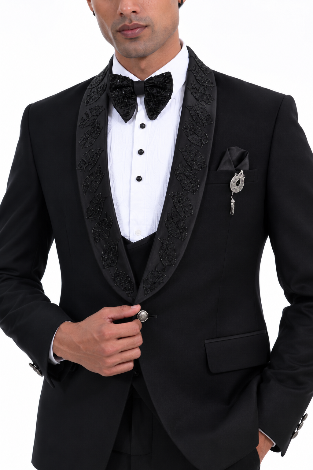 Black Embroidered Tuxedo Suit