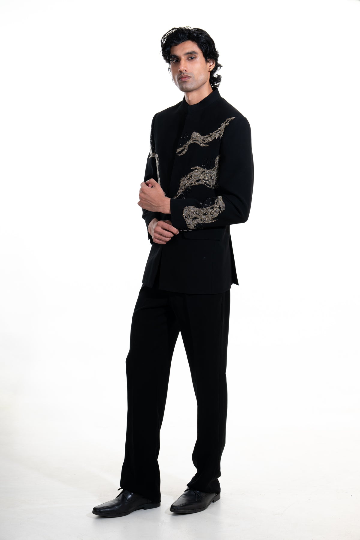 Midnight Black Crystal-Embellished Bandhgala Suit