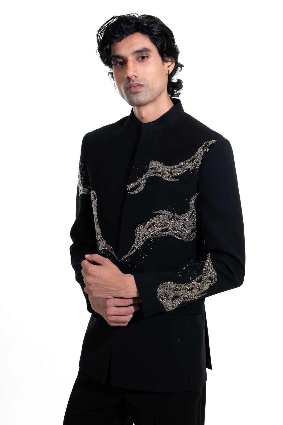 Midnight Black Crystal-Embellished Bandhgala Suit