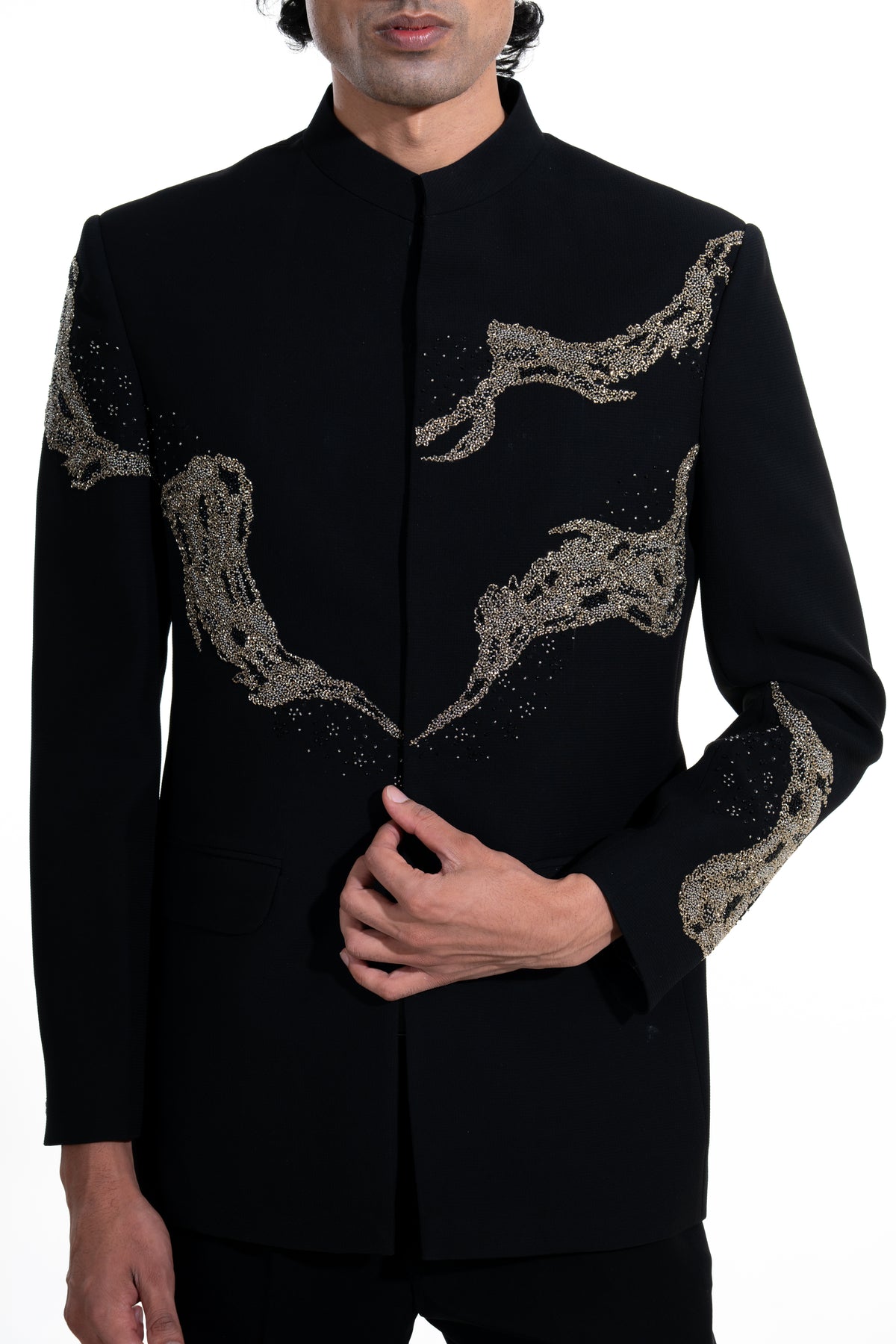 Midnight Black Crystal-Embellished Bandhgala Suit