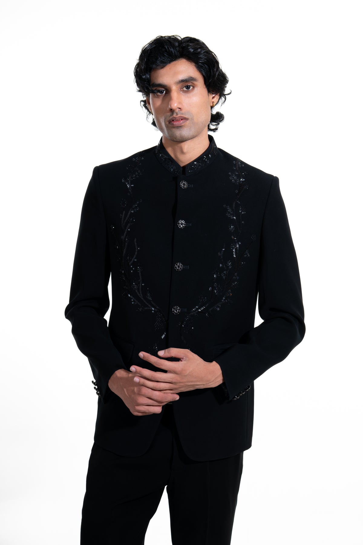 Midnight Black Tonal Embroidered Bandhgala Suit