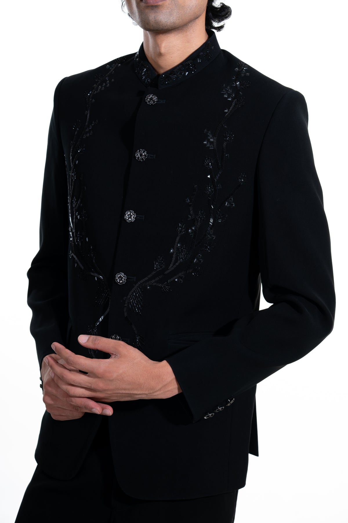 Midnight Black Tonal Embroidered Bandhgala Suit