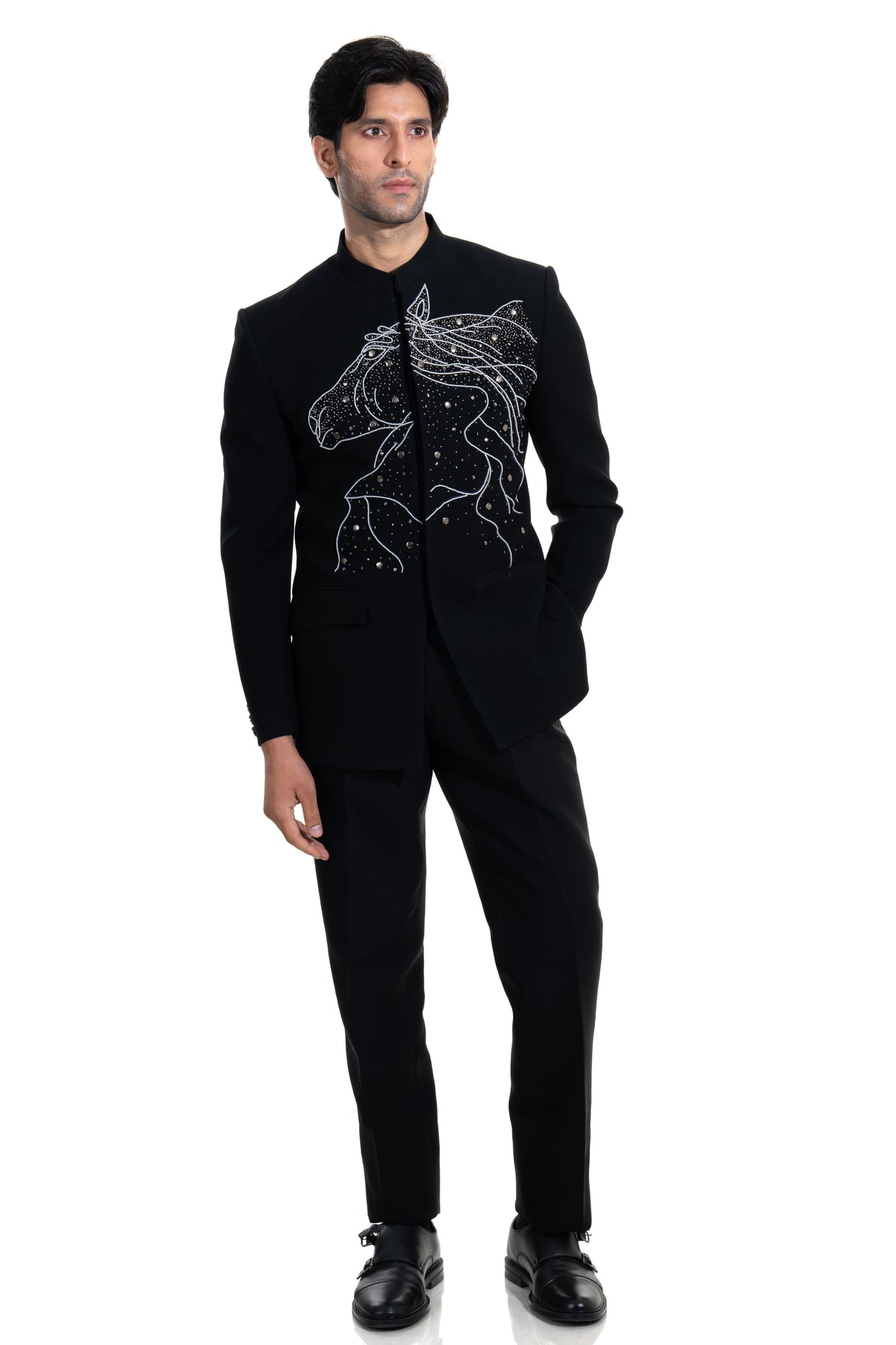 Midnight Black Stallion Embroidered Bandhgala Suit