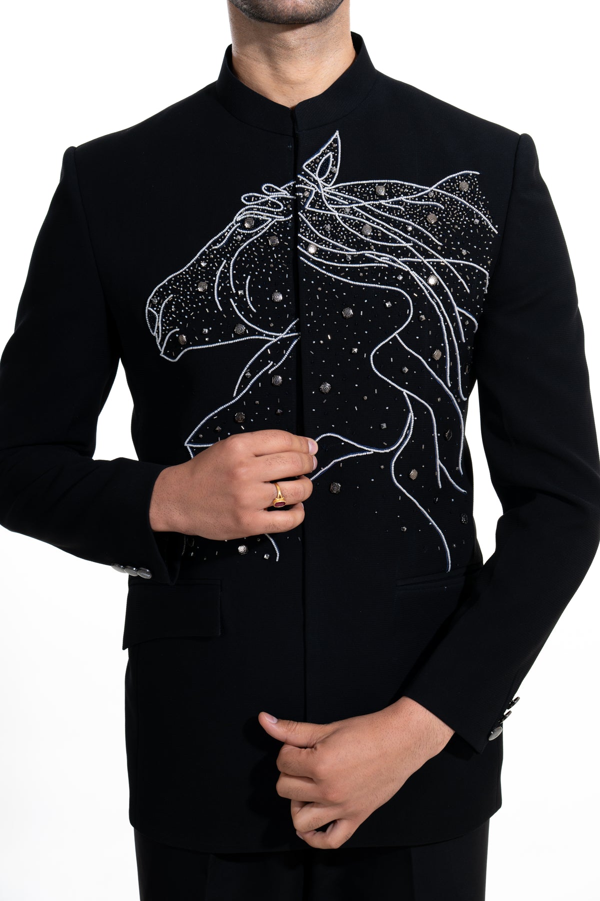 Midnight Black Stallion Embroidered Bandhgala Suit