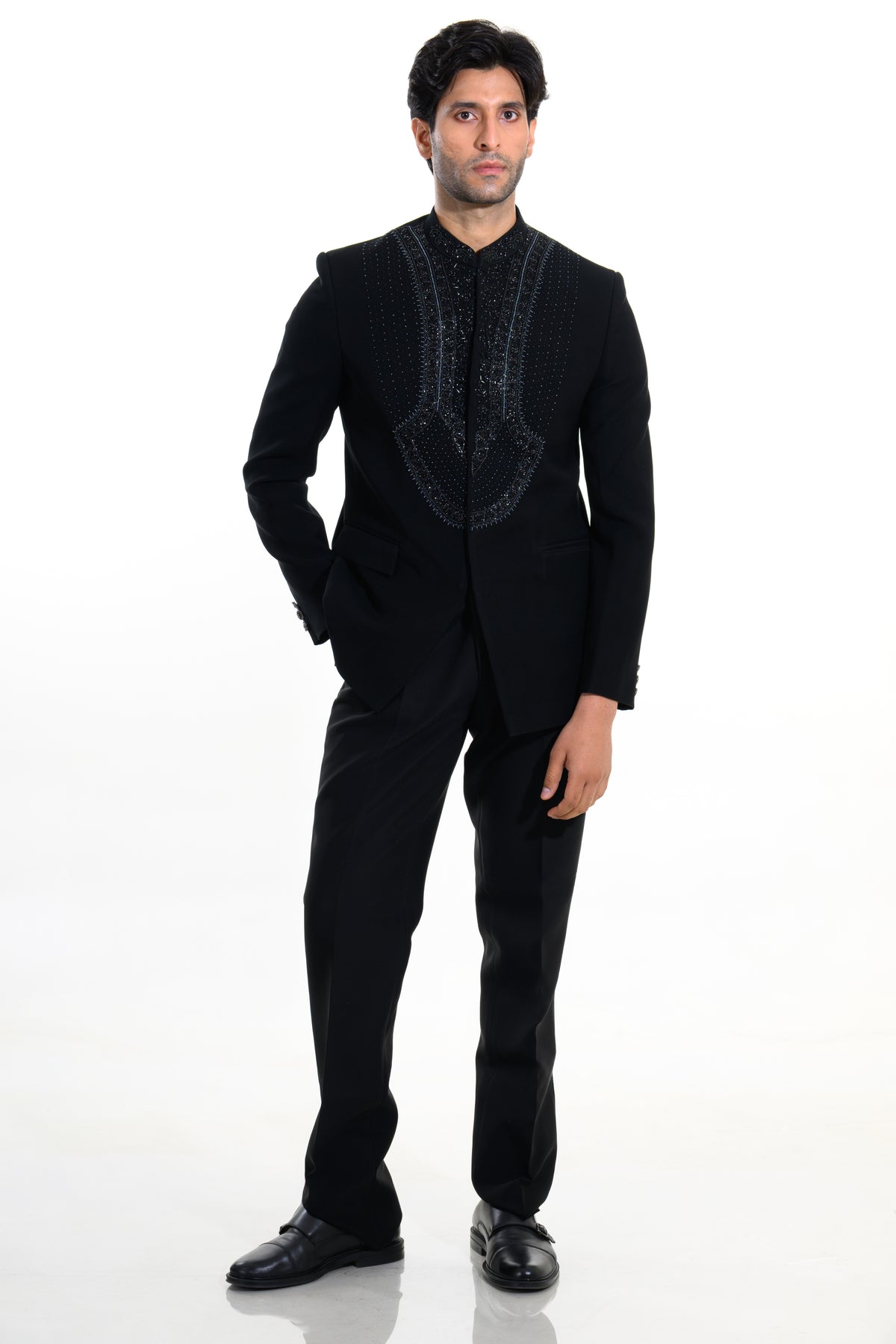 Midnight Black Tonal Embellished Bandhgala Suit