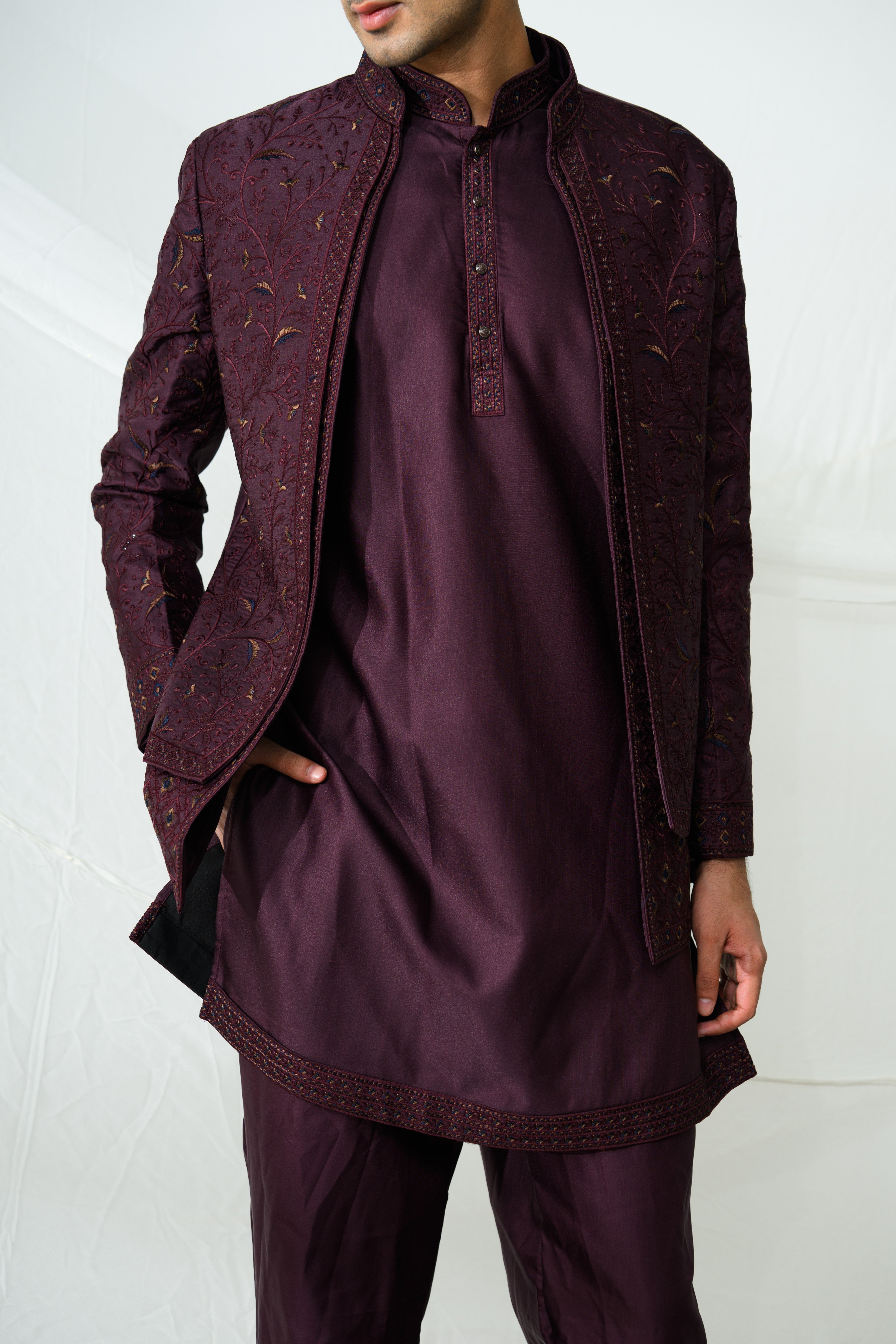 Wine Embroidered Bandhgala Kurta Set