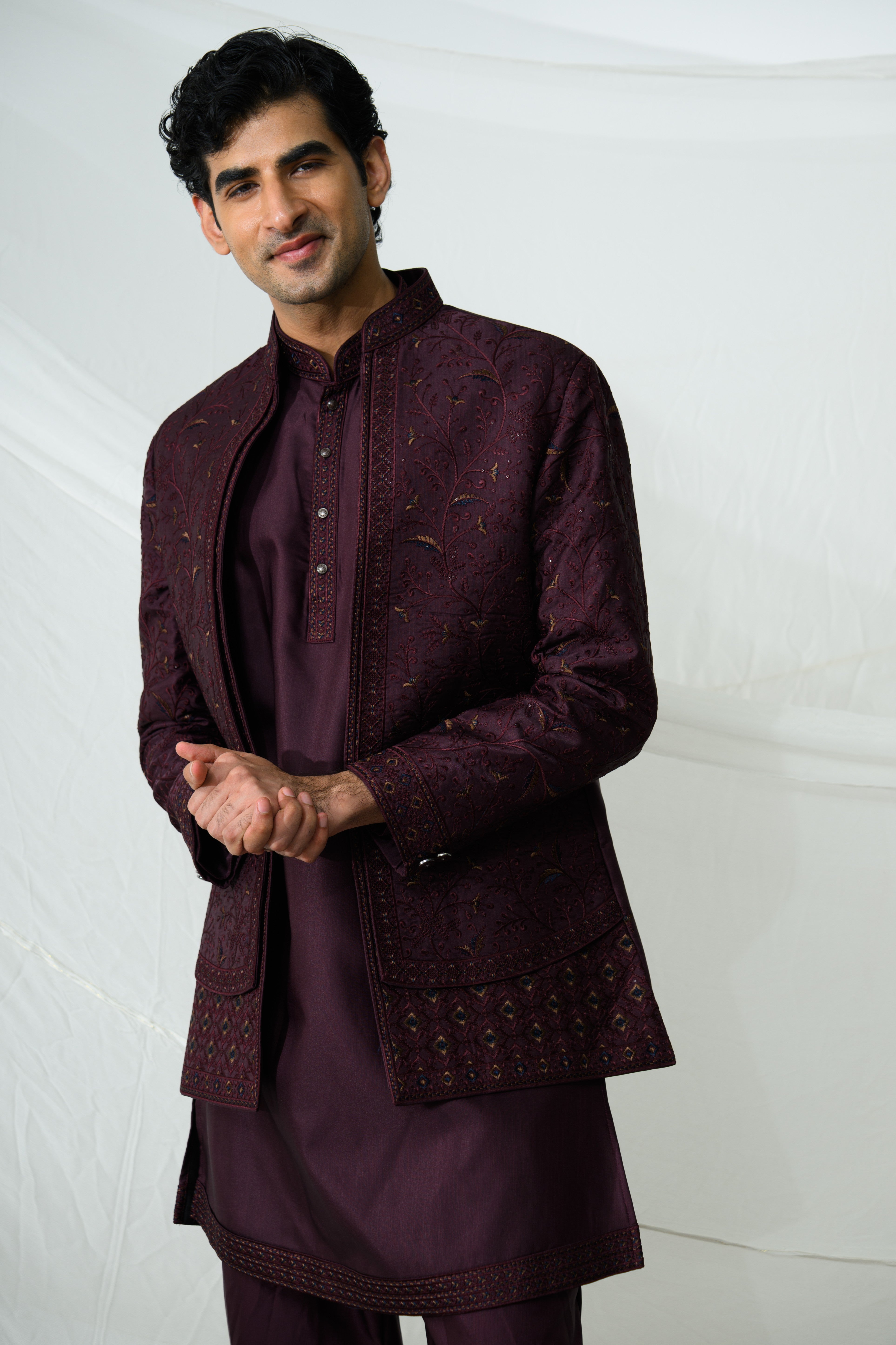 Wine Embroidered Bandhgala Kurta Set