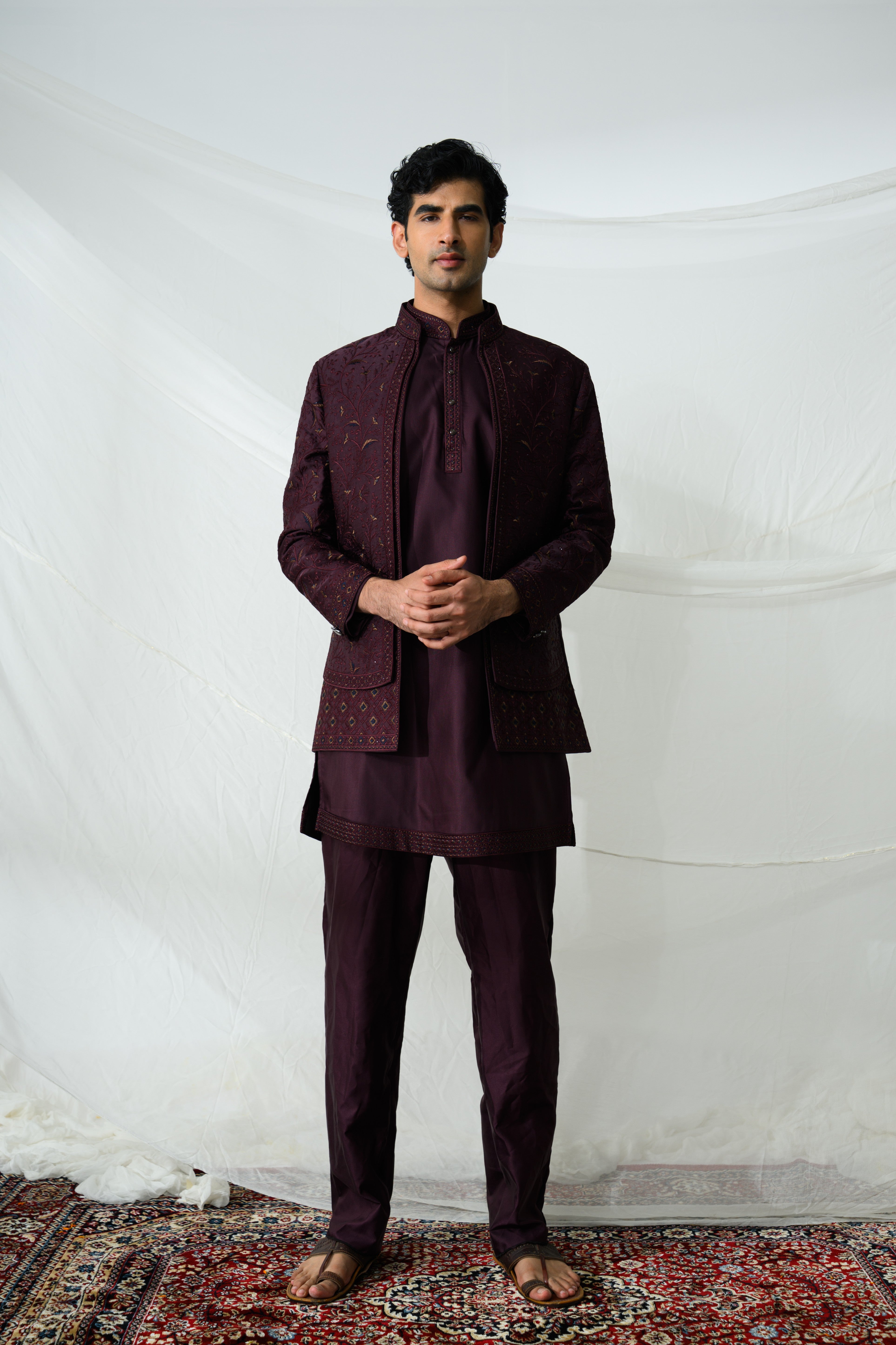 Wine Embroidered Bandhgala Kurta Set