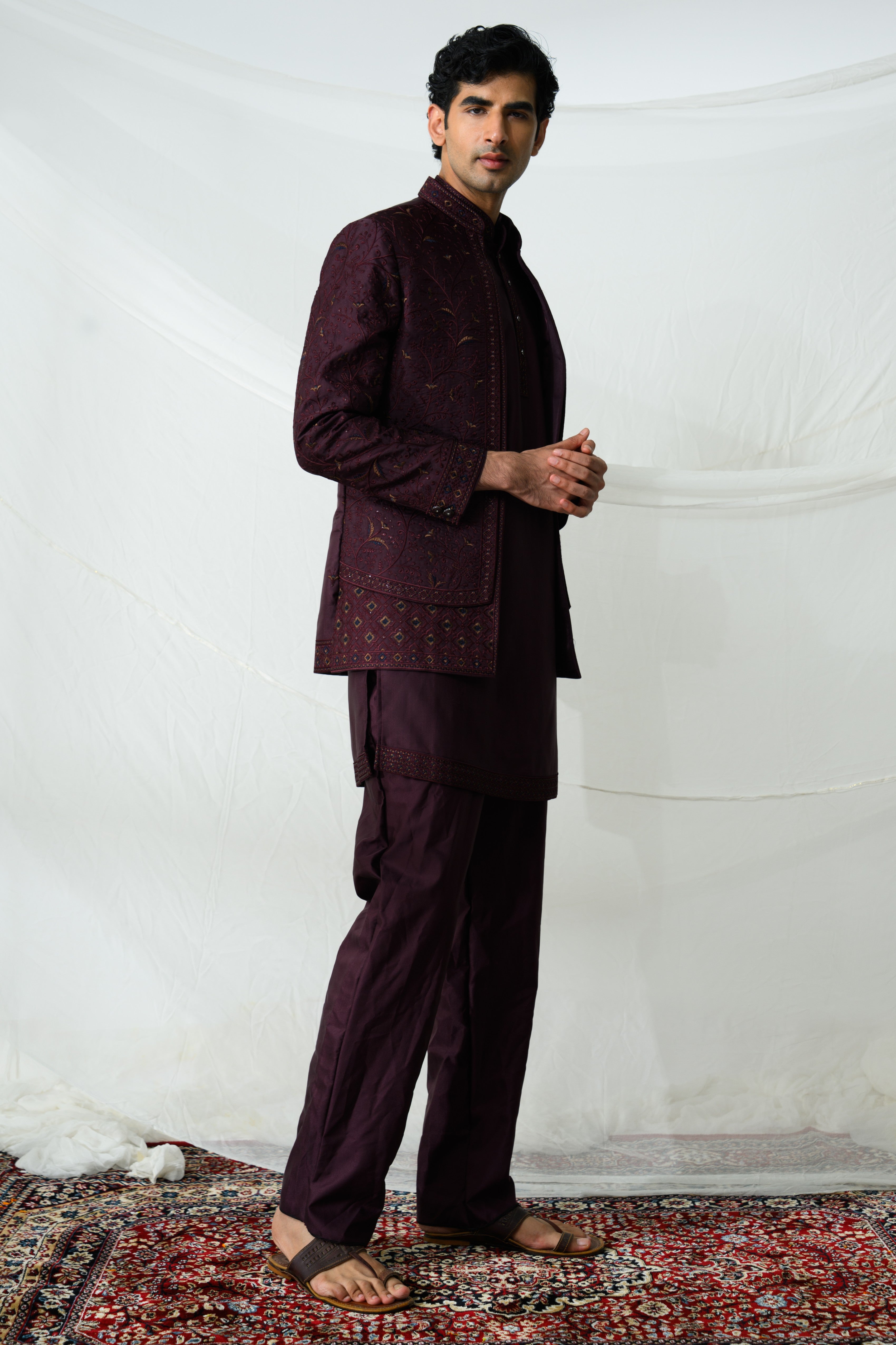 Wine Embroidered Bandhgala Kurta Set
