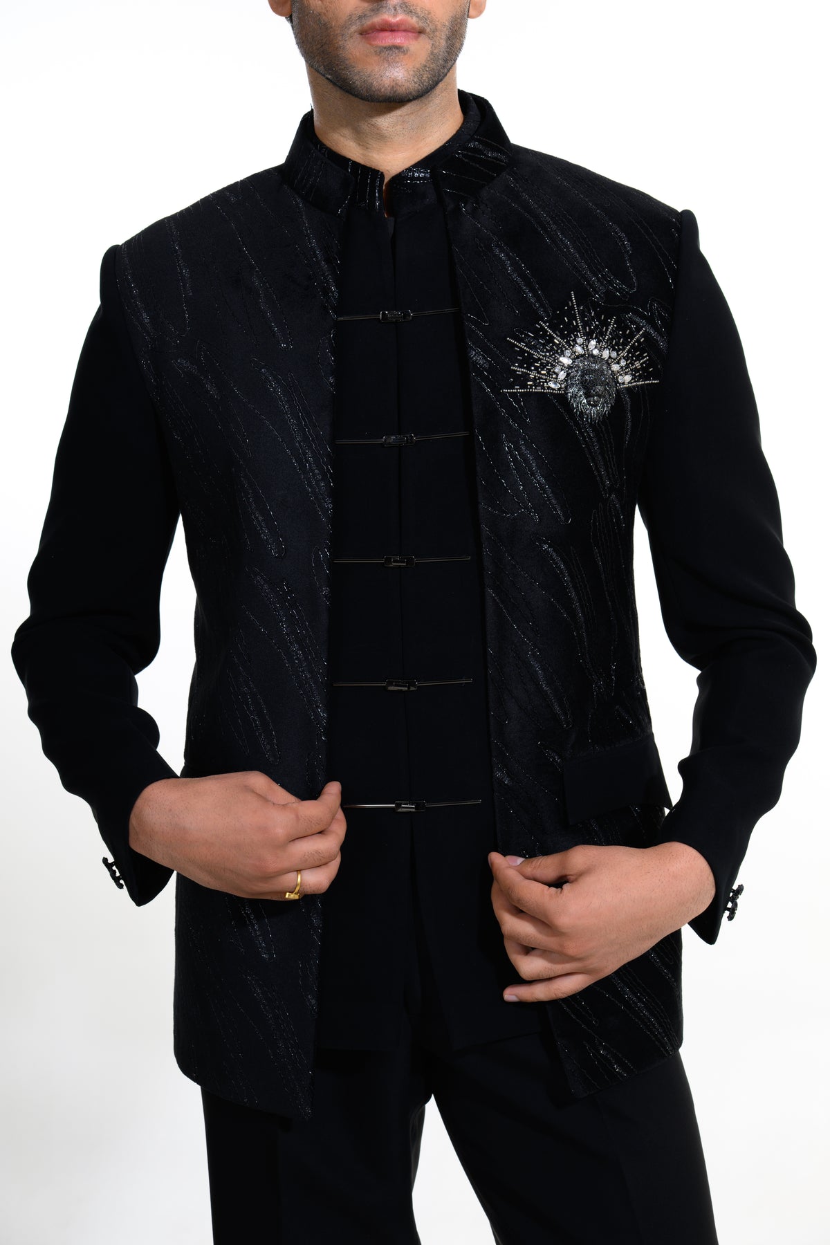 Midnight Black Layered Bandhgala Set