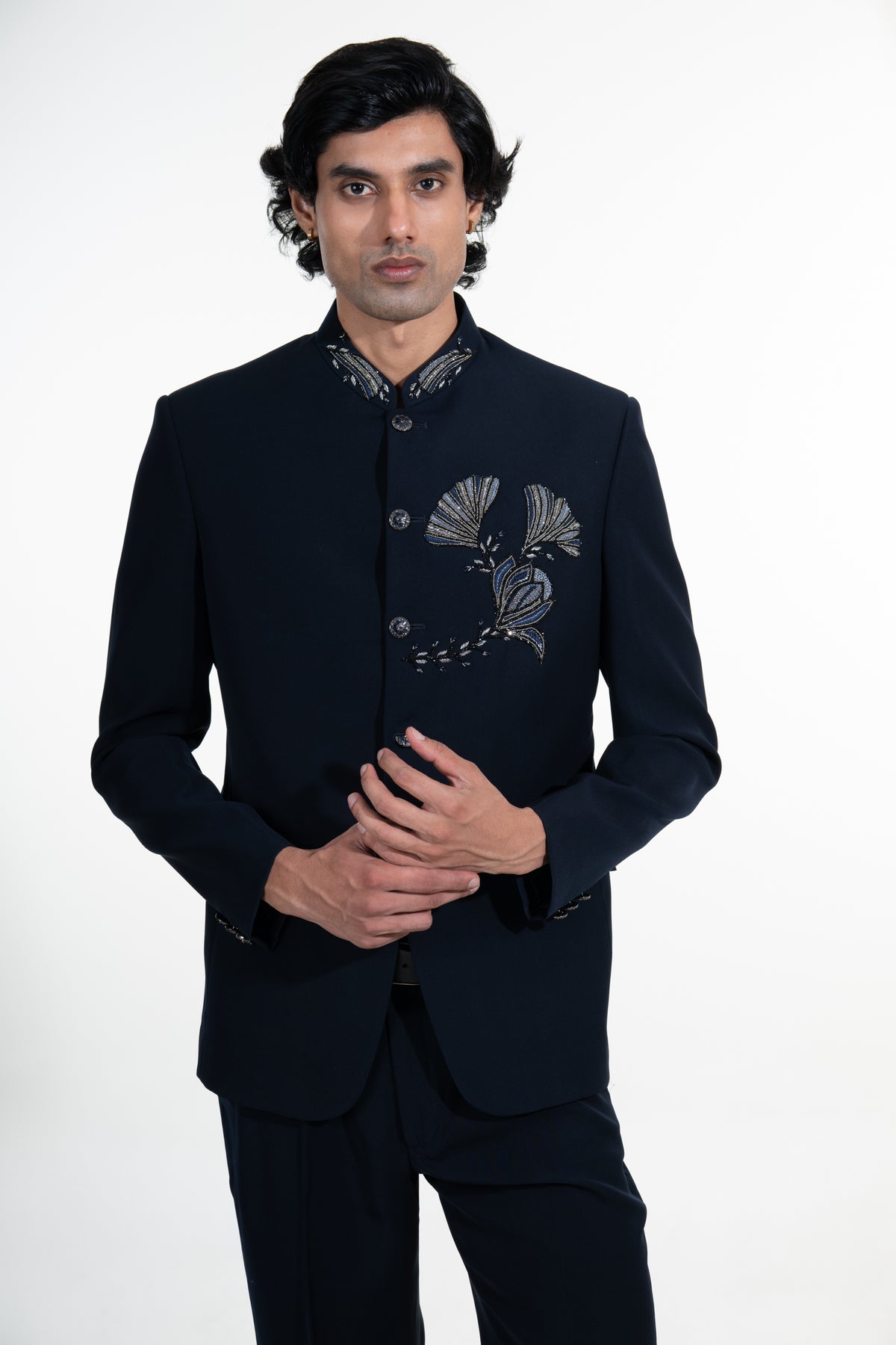 Midnight Blue Botanical Embroidered Bandhgala Suit