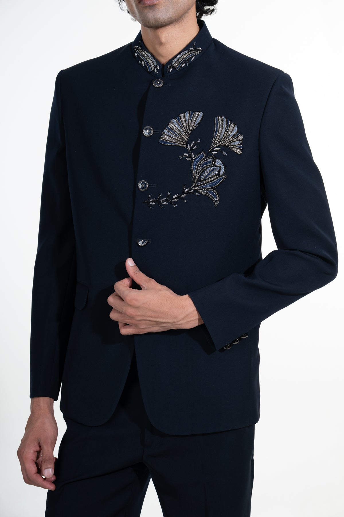 Midnight Blue Botanical Embroidered Bandhgala Suit