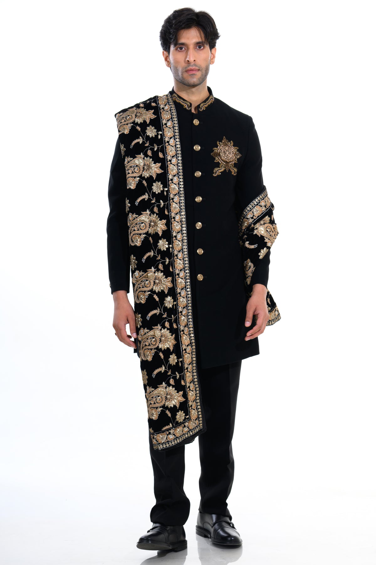 Midnight Black Embroidered Indo Western Set with Heritage Stole