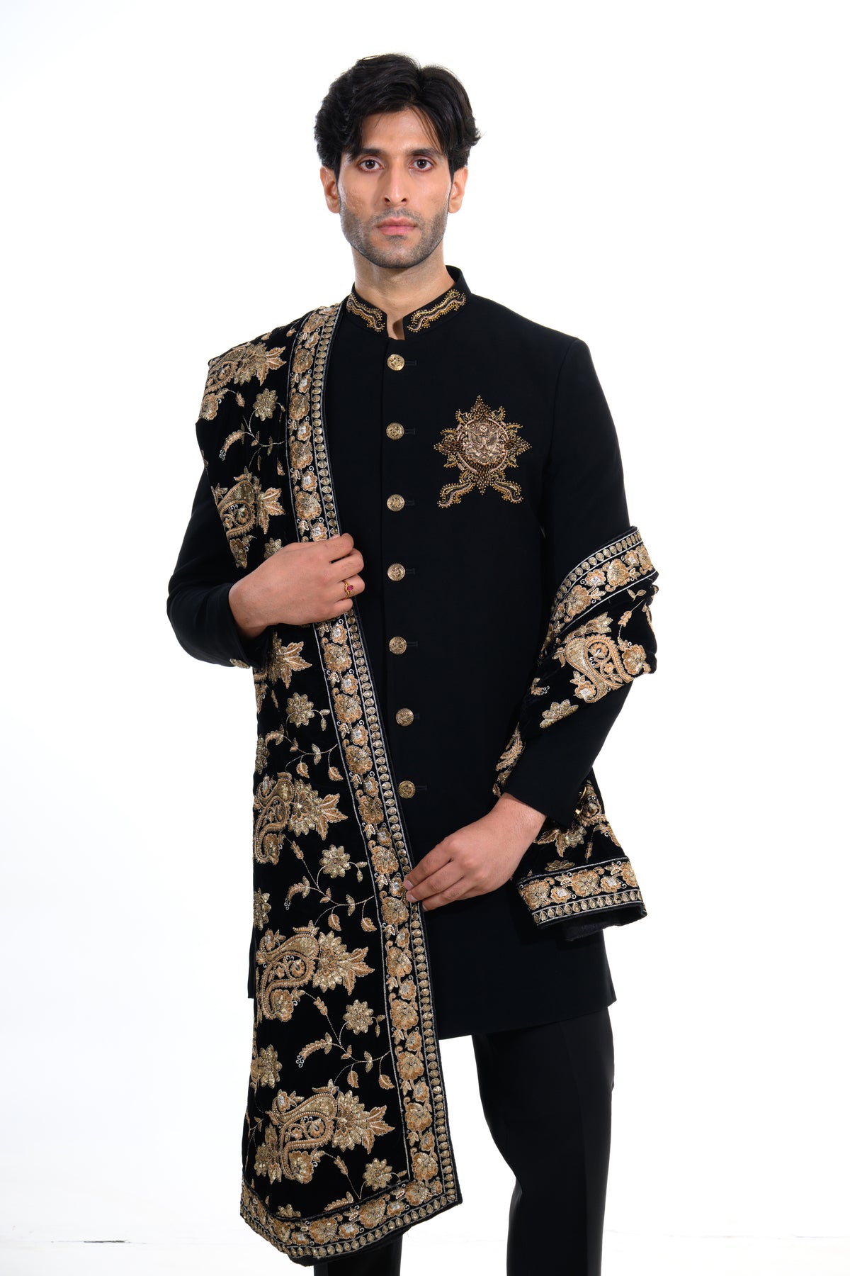 Midnight Black Embroidered Indo Western Set with Heritage Stole