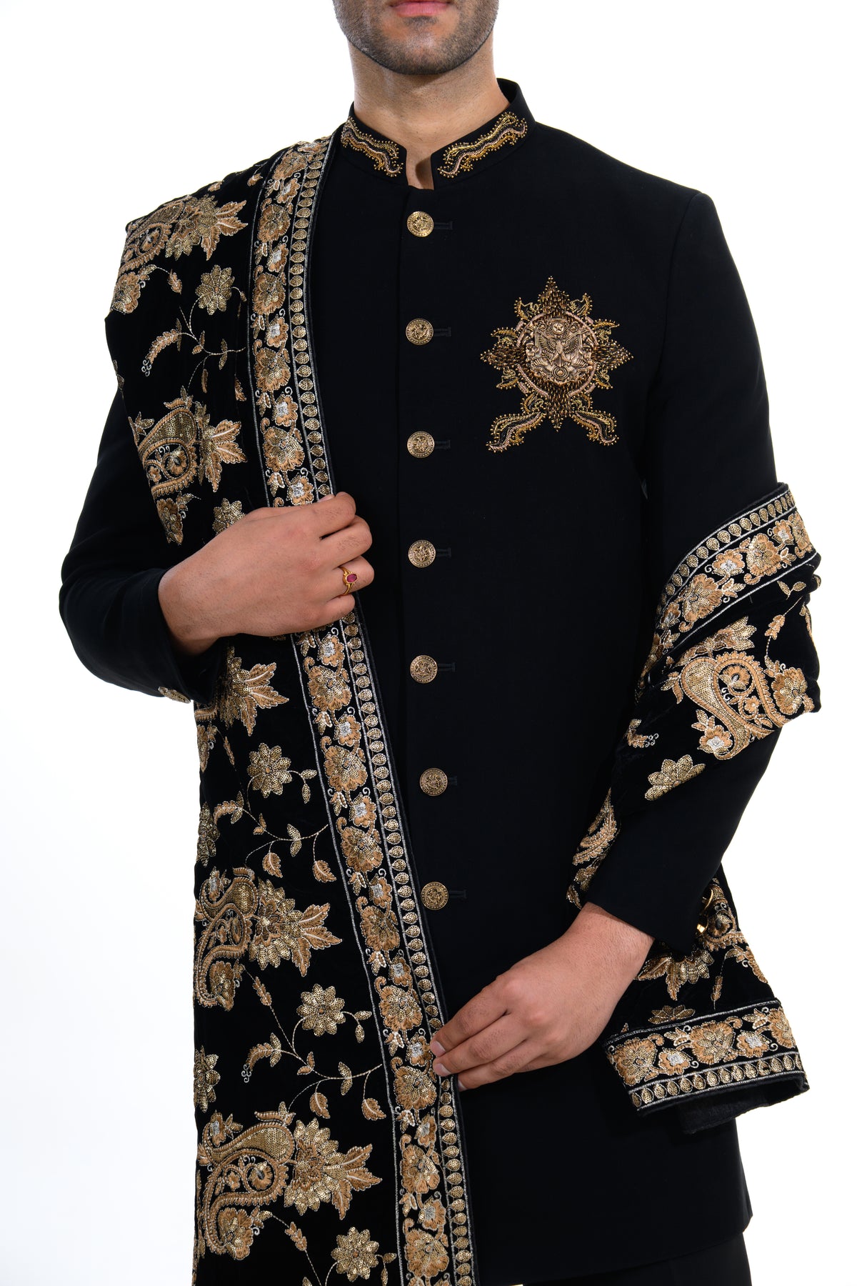 Midnight Black Embroidered Indo Western Set with Heritage Stole