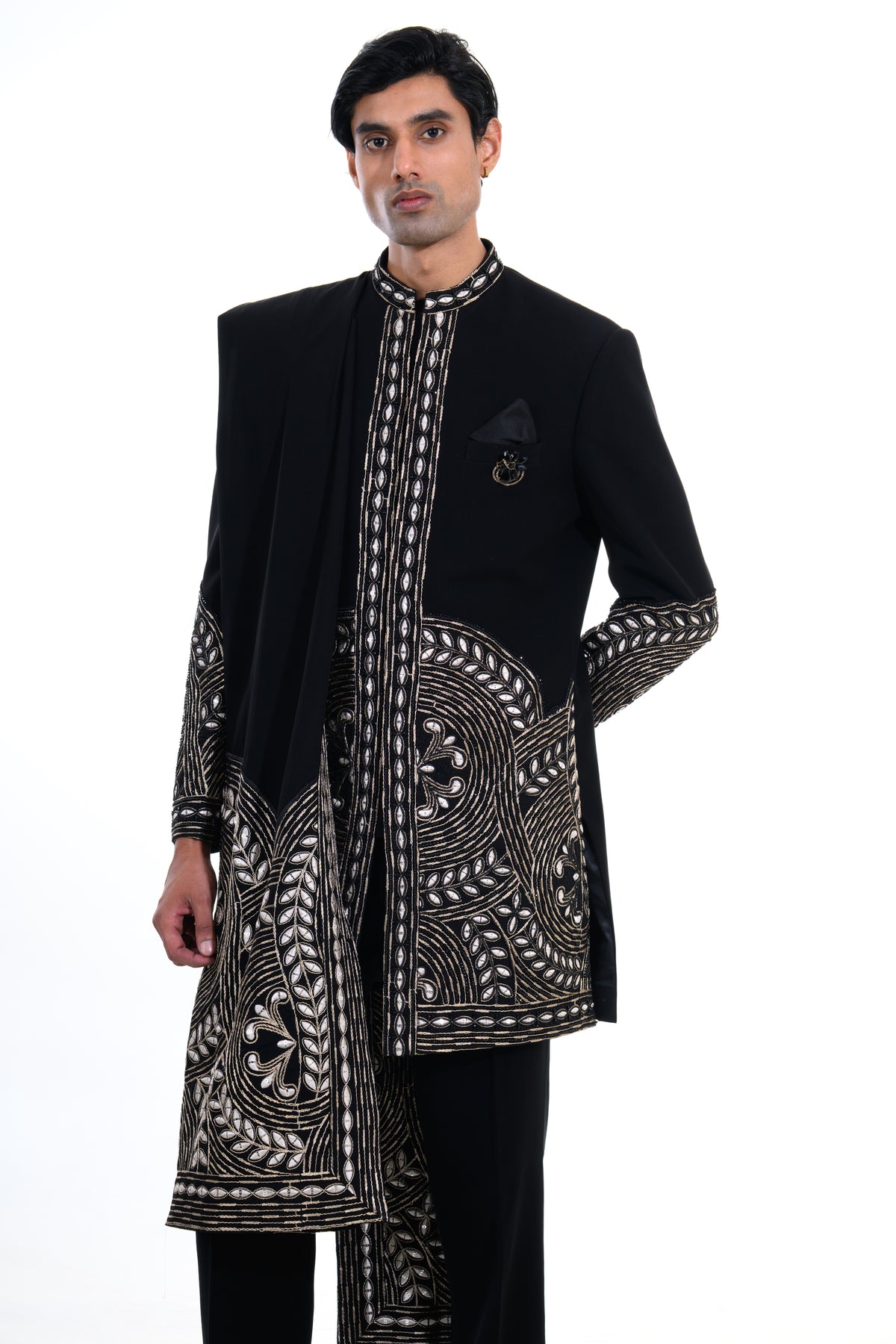 Midnight Black Embroidered Indo Western Set with Statement Stole