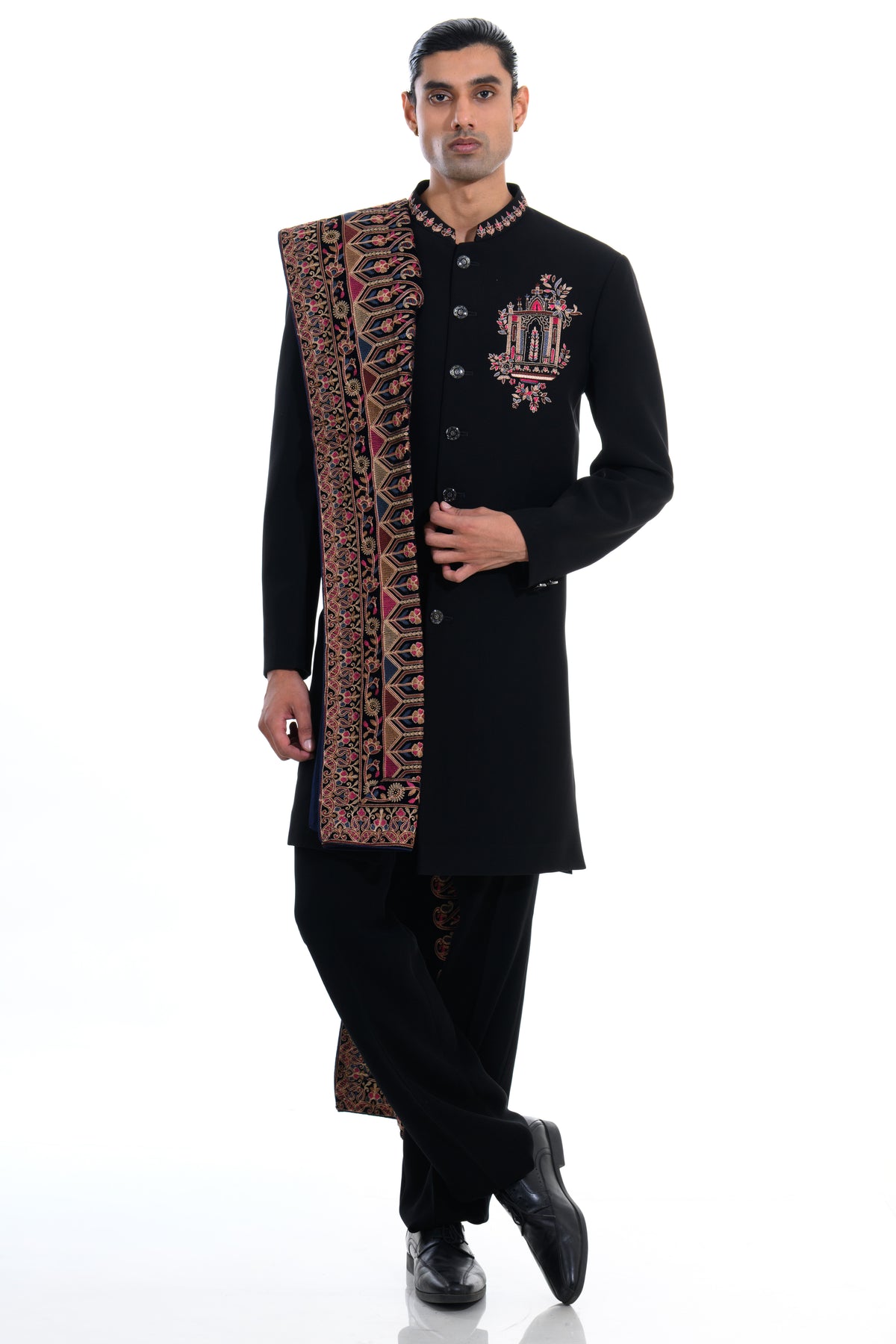 Black Heritage Embroidered Indo Western Set with Stole