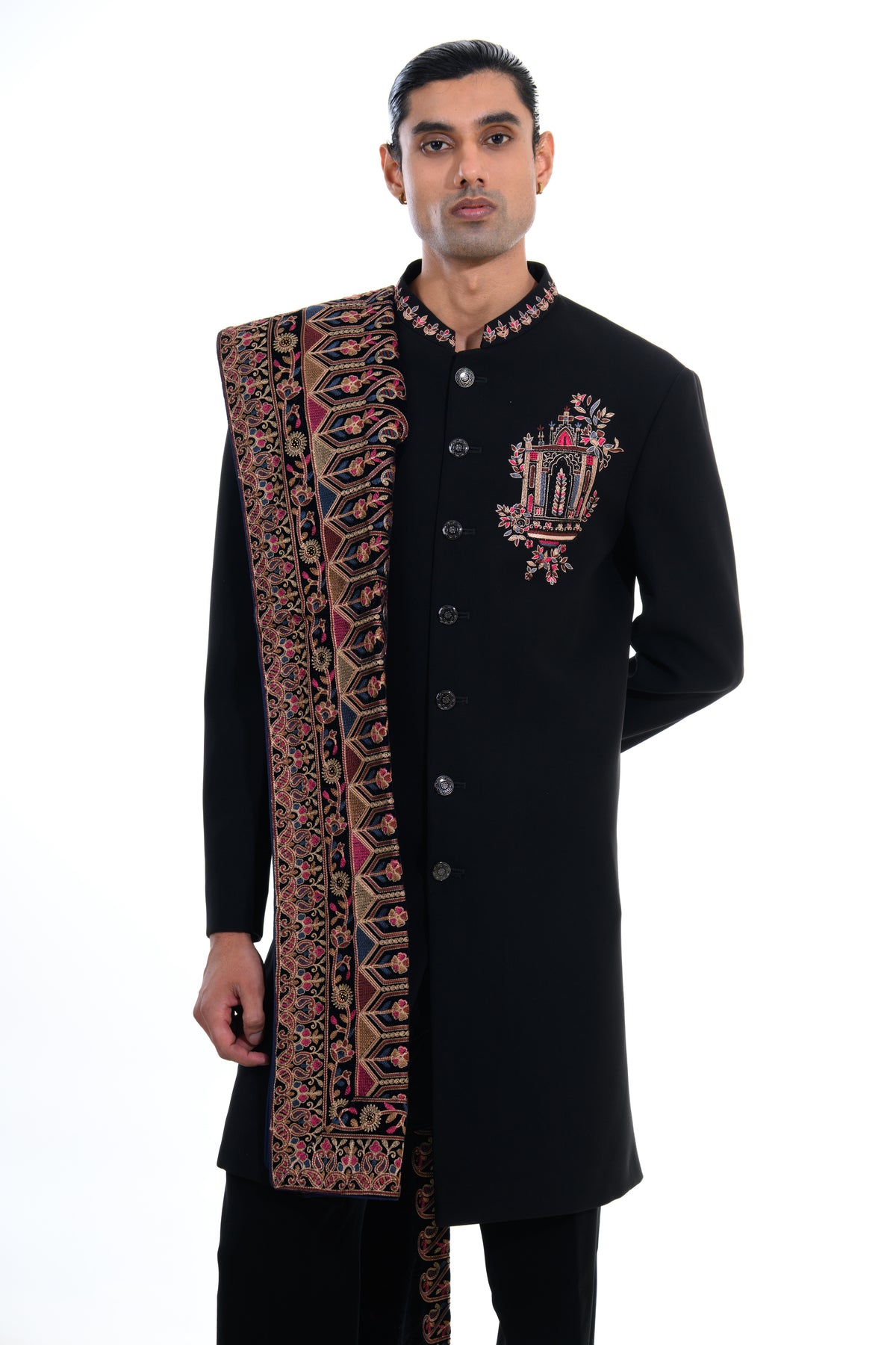 Black Heritage Embroidered Indo Western Set with Stole