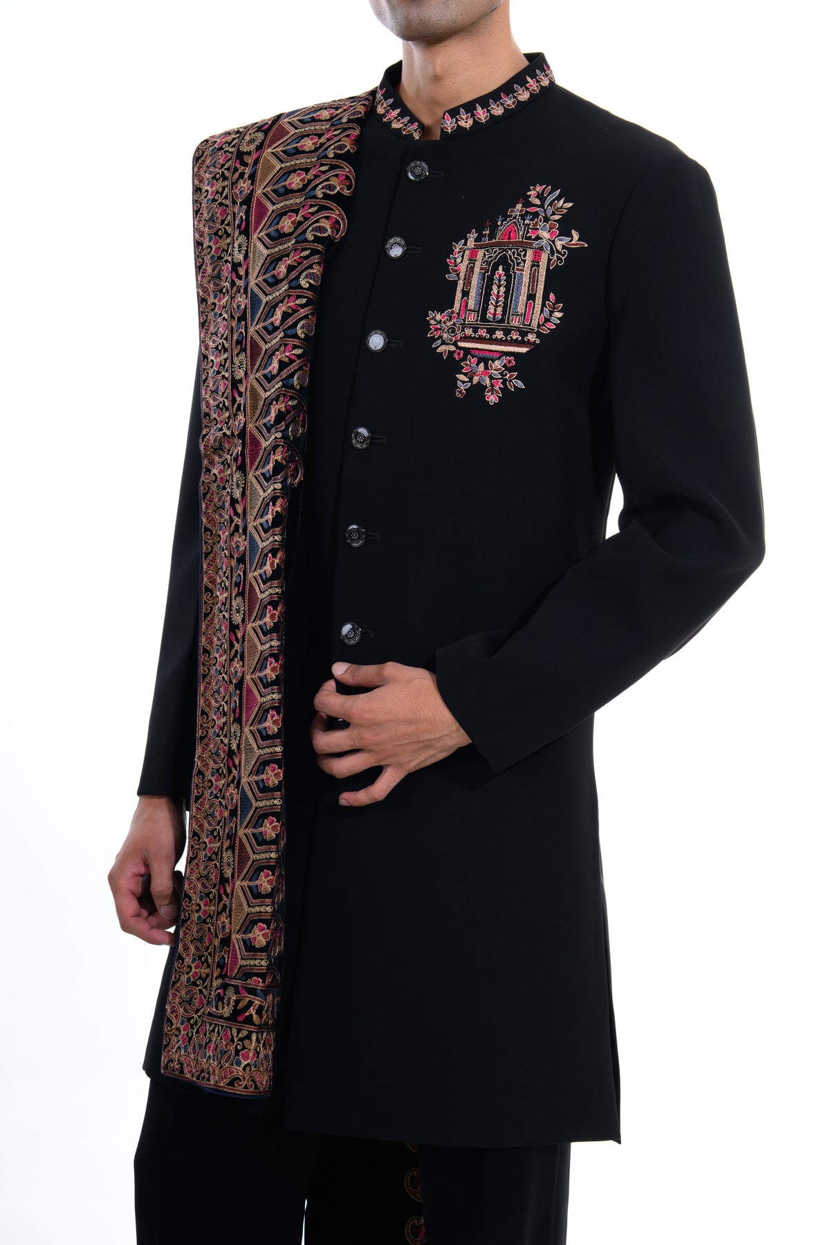 Black Heritage Embroidered Indo Western Set with Stole