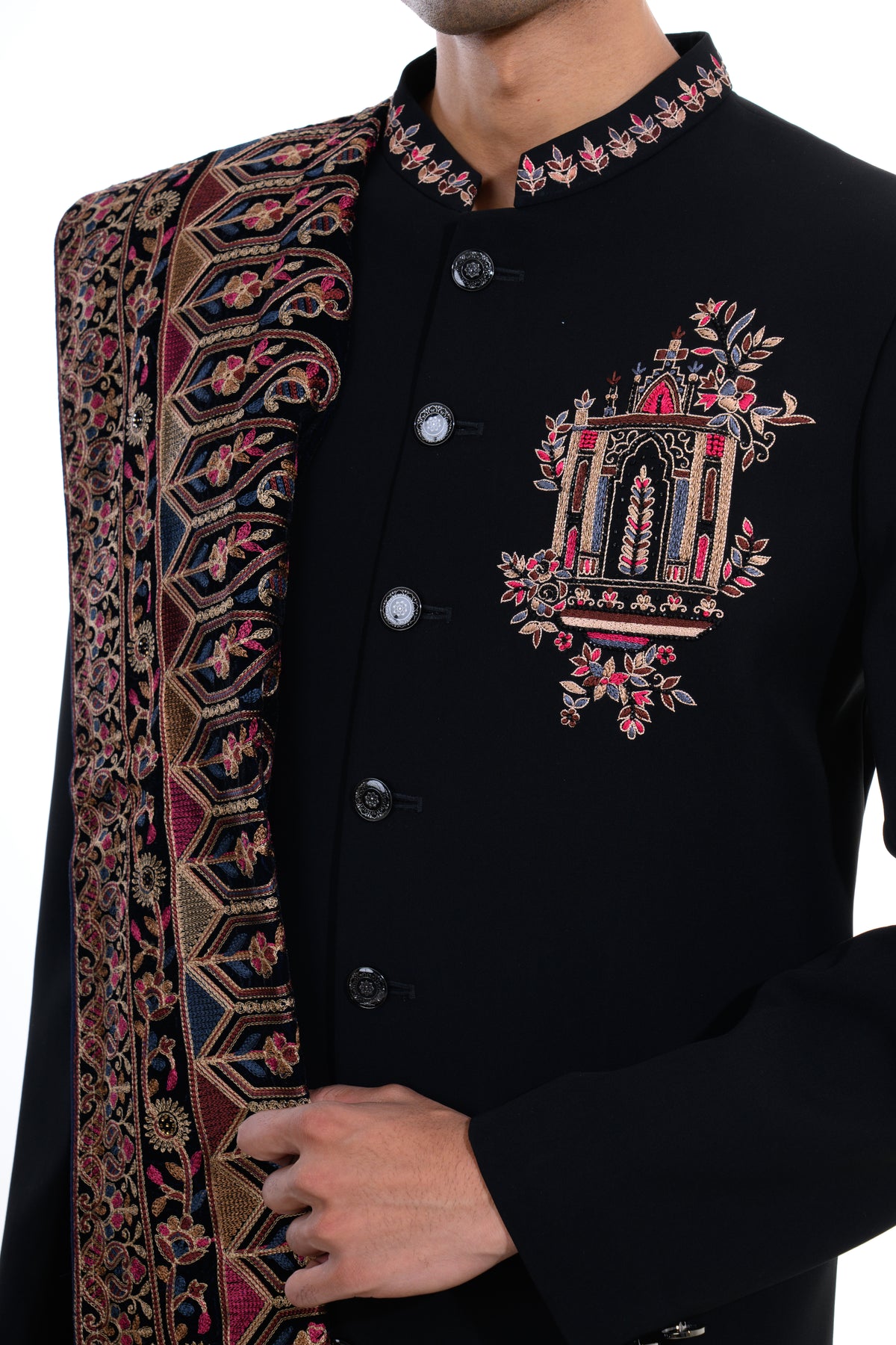 Black Heritage Embroidered Indo Western Set with Stole