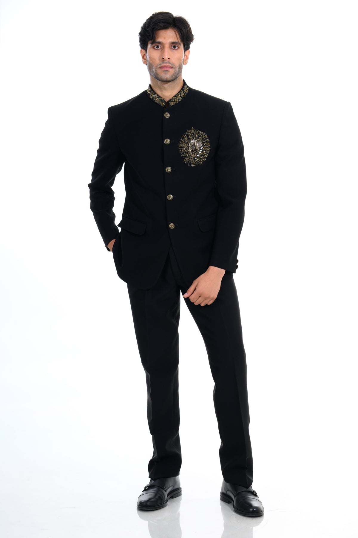 Noir Crest Embroidered Bandhgala Set