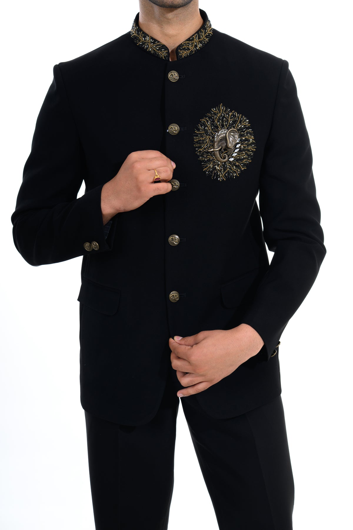 Noir Crest Embroidered Bandhgala Set