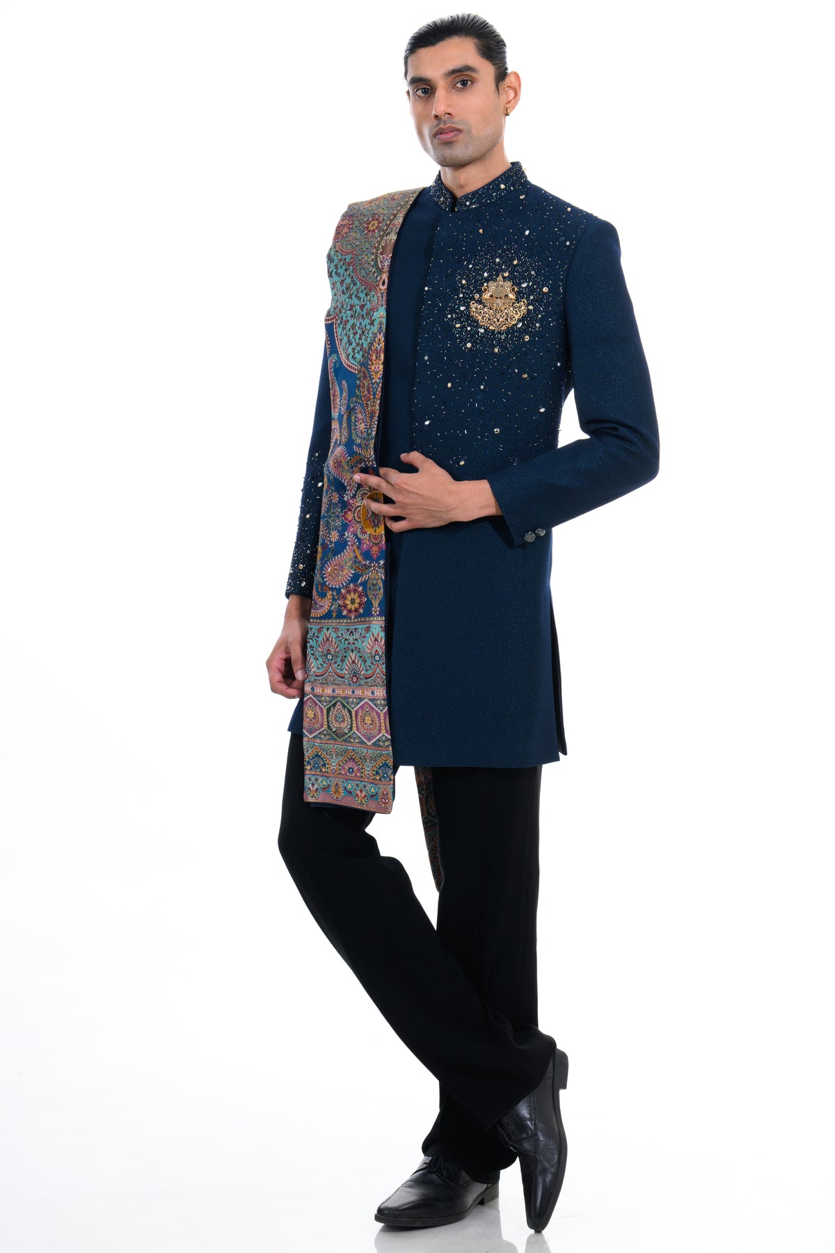 Turquoise Blue Embellished Indo Western Set with Heritage Stole