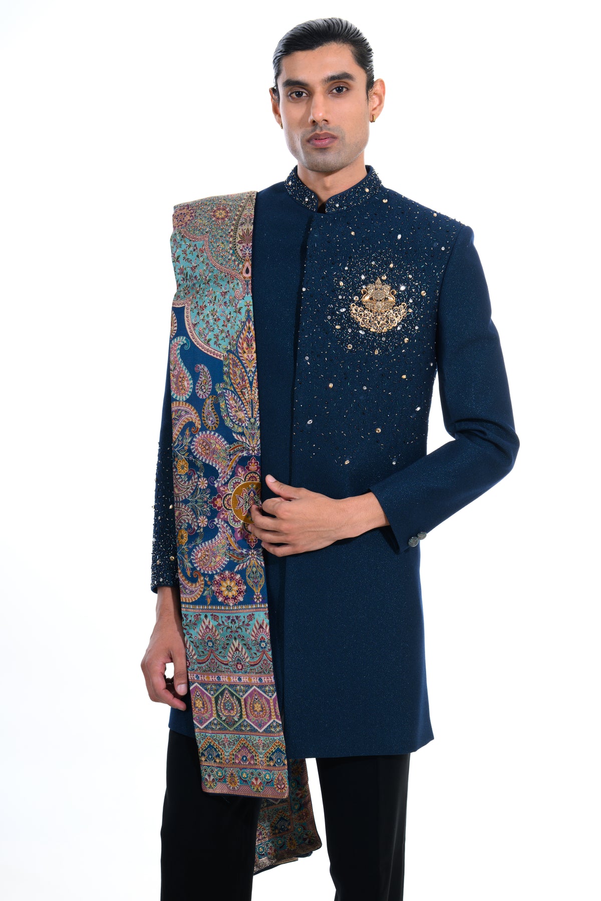 Turquoise Blue Embellished Indo Western Set with Heritage Stole