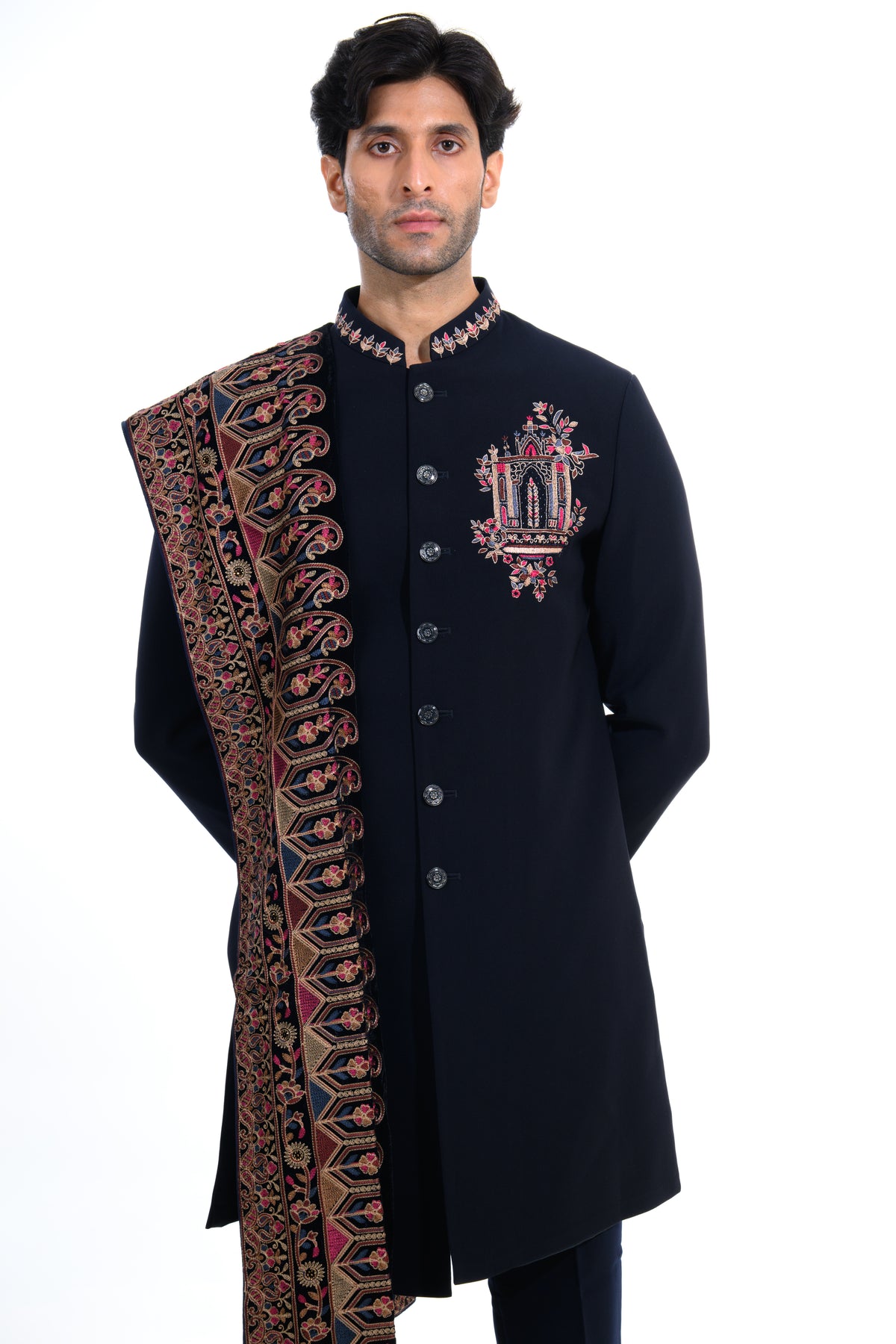 Blue Heritage Embroidered Indo Western Set with Stole