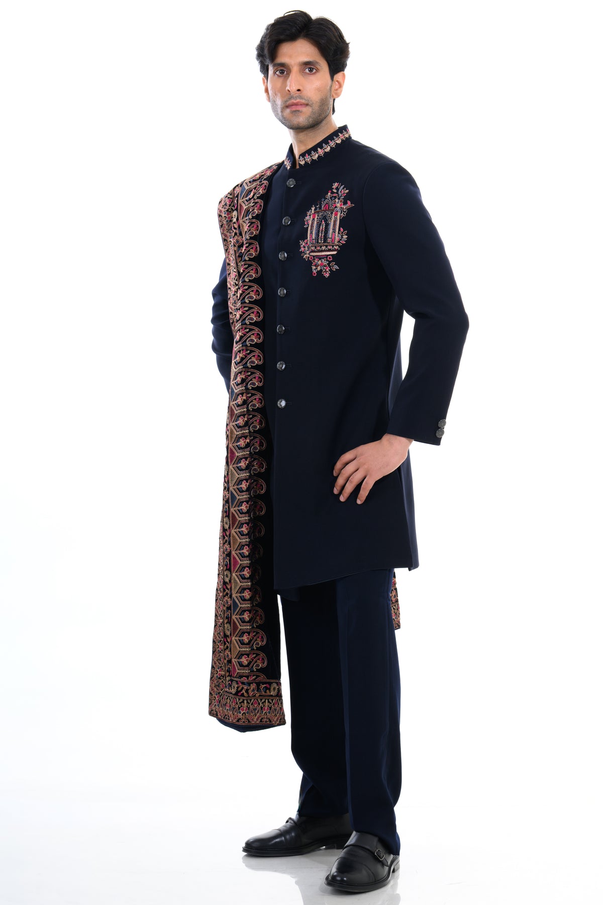 Blue Heritage Embroidered Indo Western Set with Stole