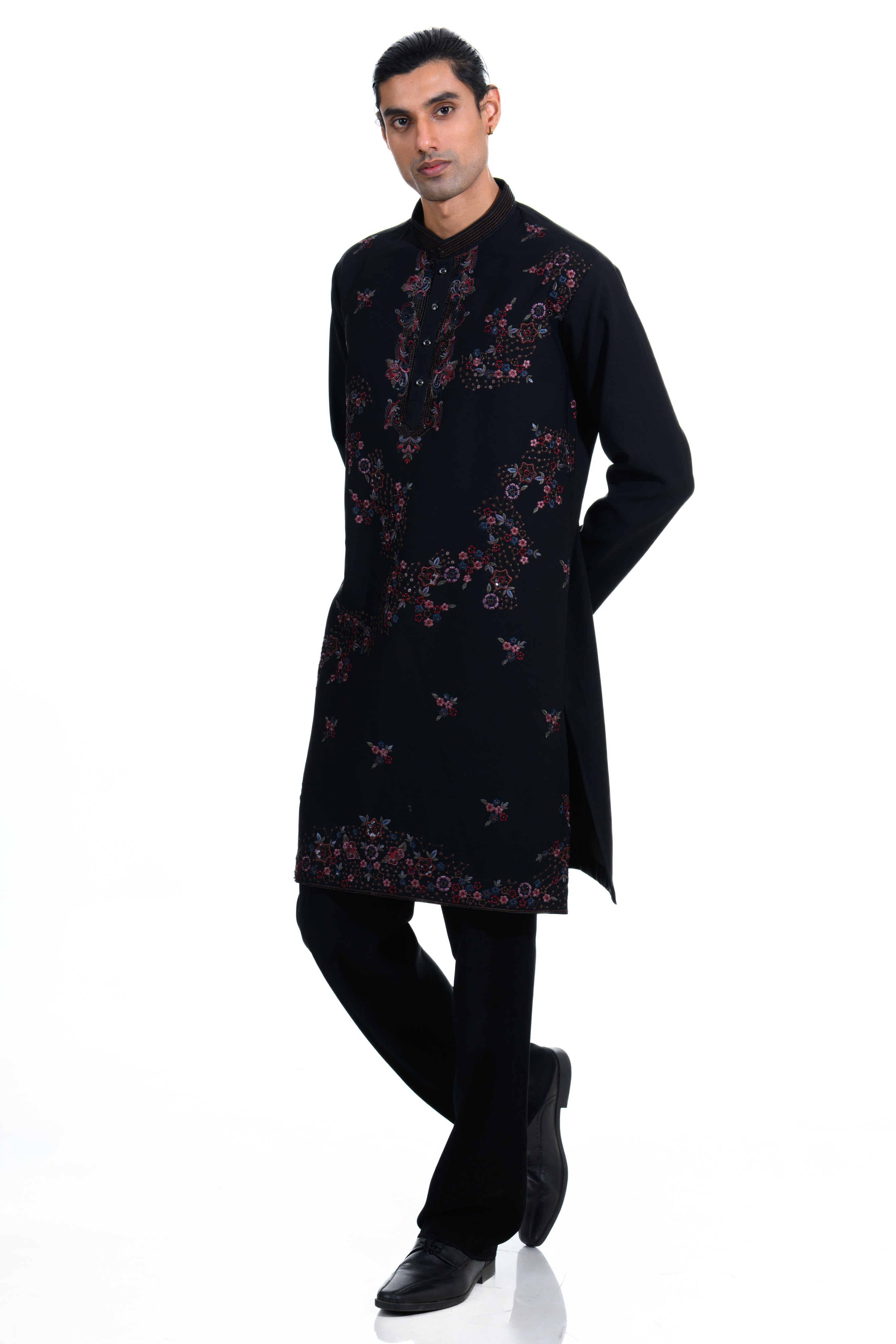 Midnight Black Noir Floral Embroidered Kurta Set