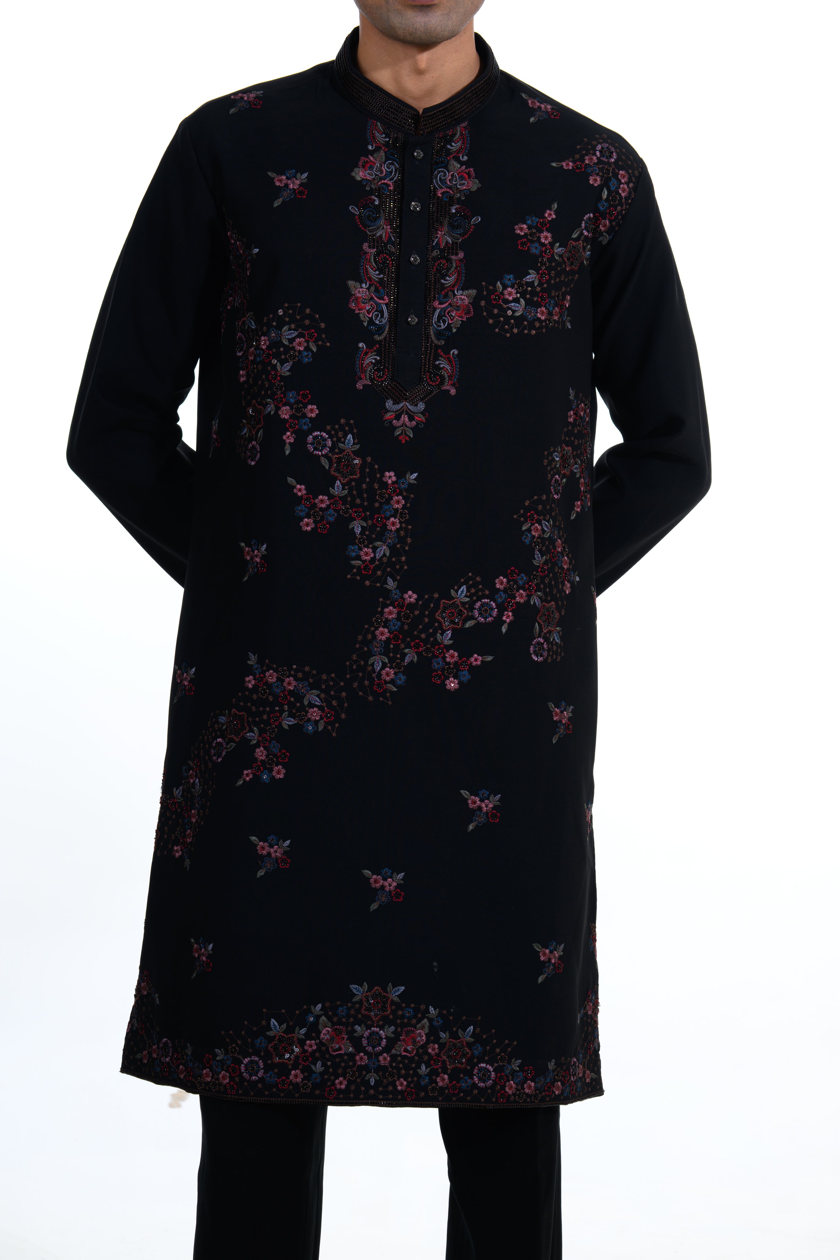 Midnight Black Noir Floral Embroidered Kurta Set