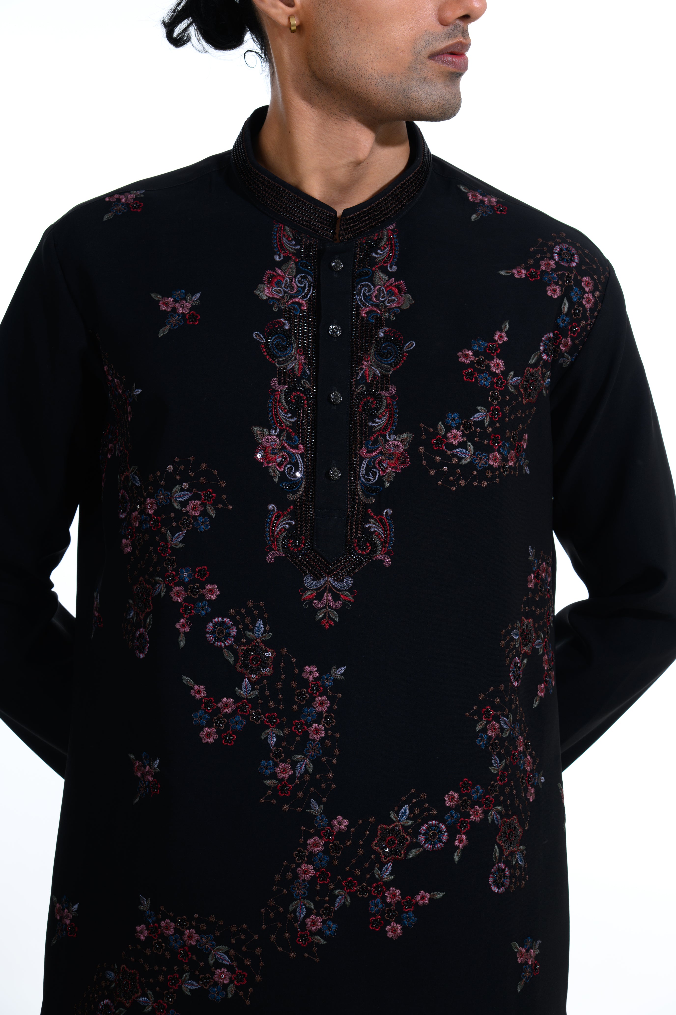 Midnight Black Noir Floral Embroidered Kurta Set