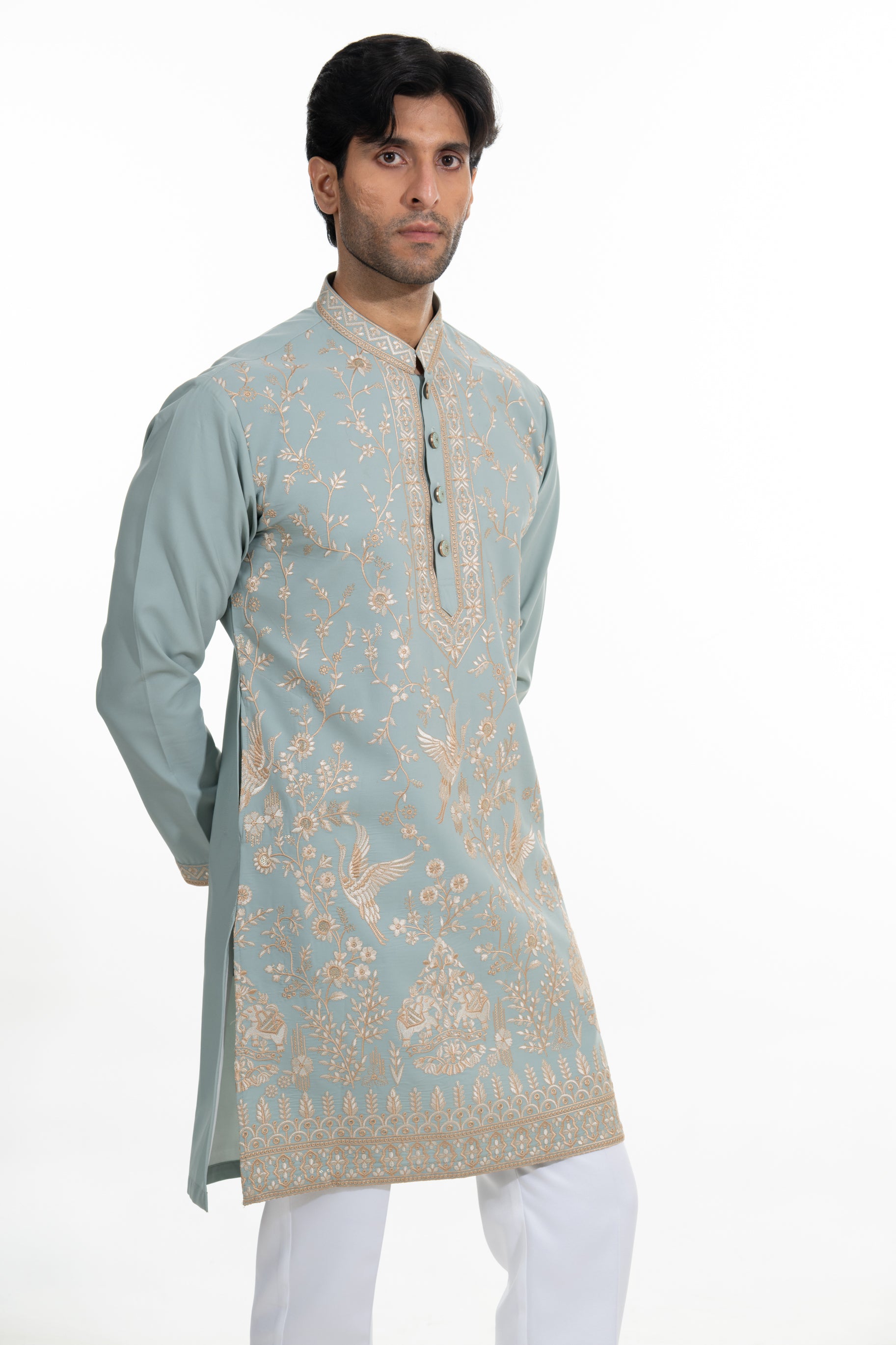 Celestial Sage Heritage Embroidered Kurta Set