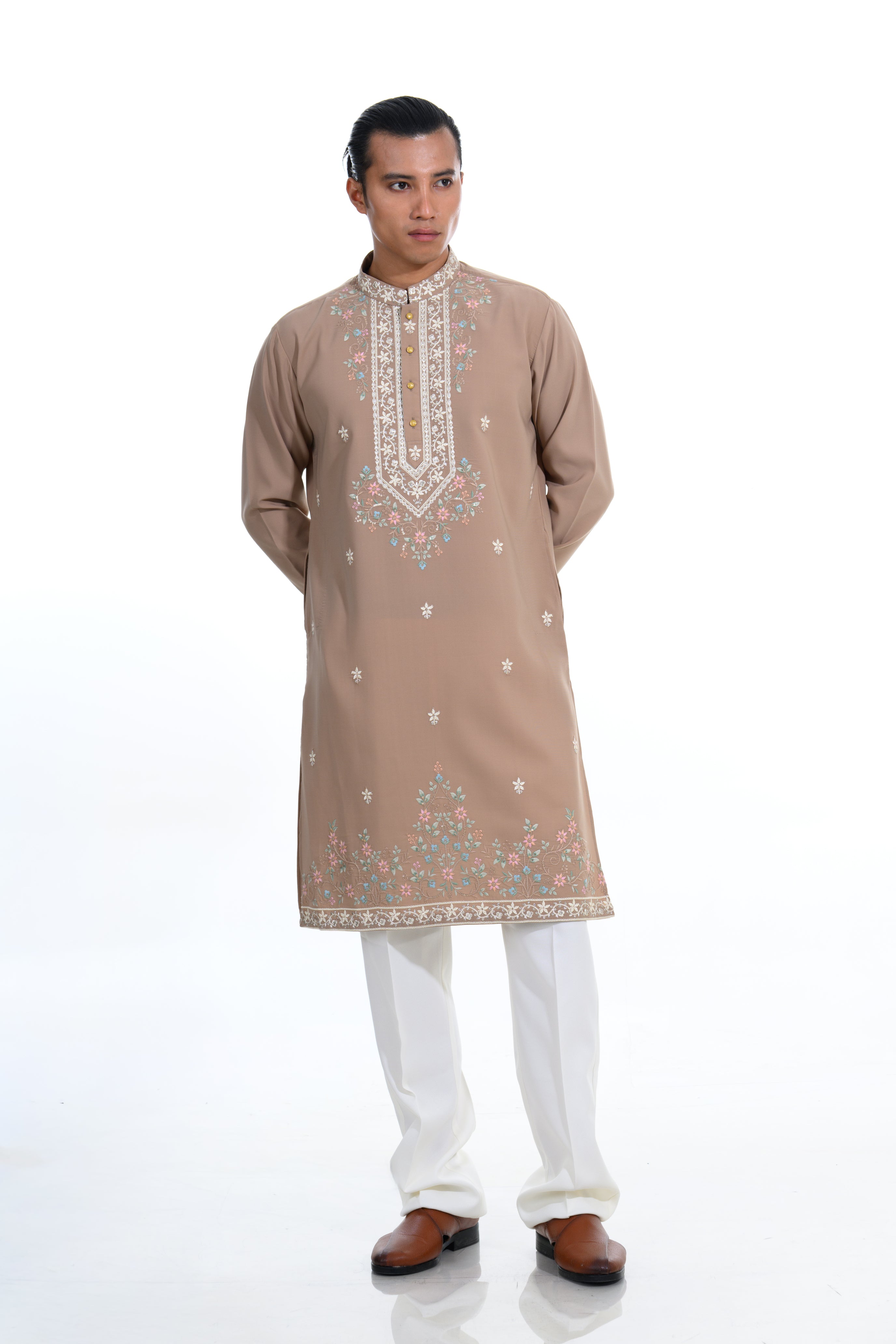 Stone Beige Floral Embroidered Kurta Set