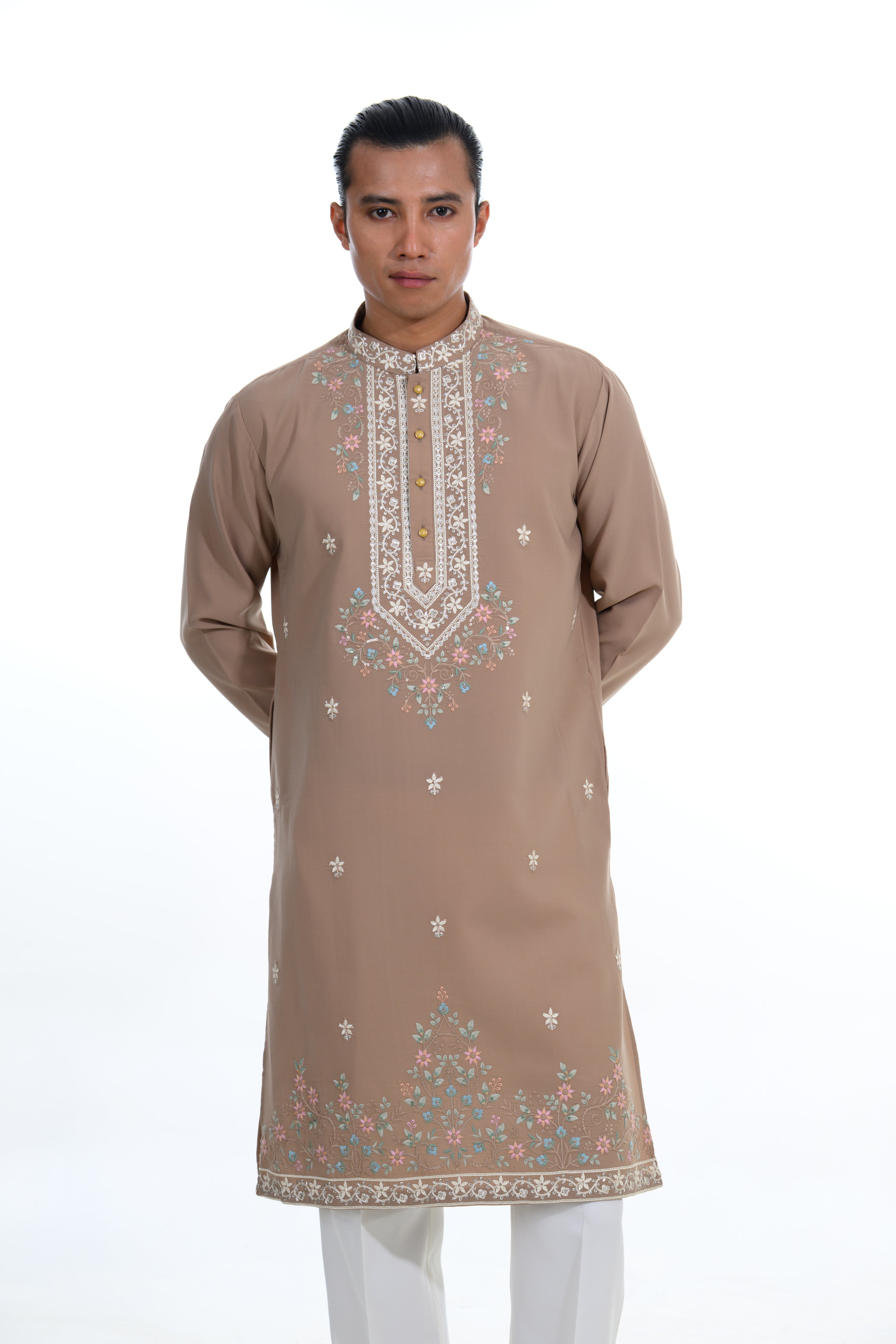Stone Beige Floral Embroidered Kurta Set