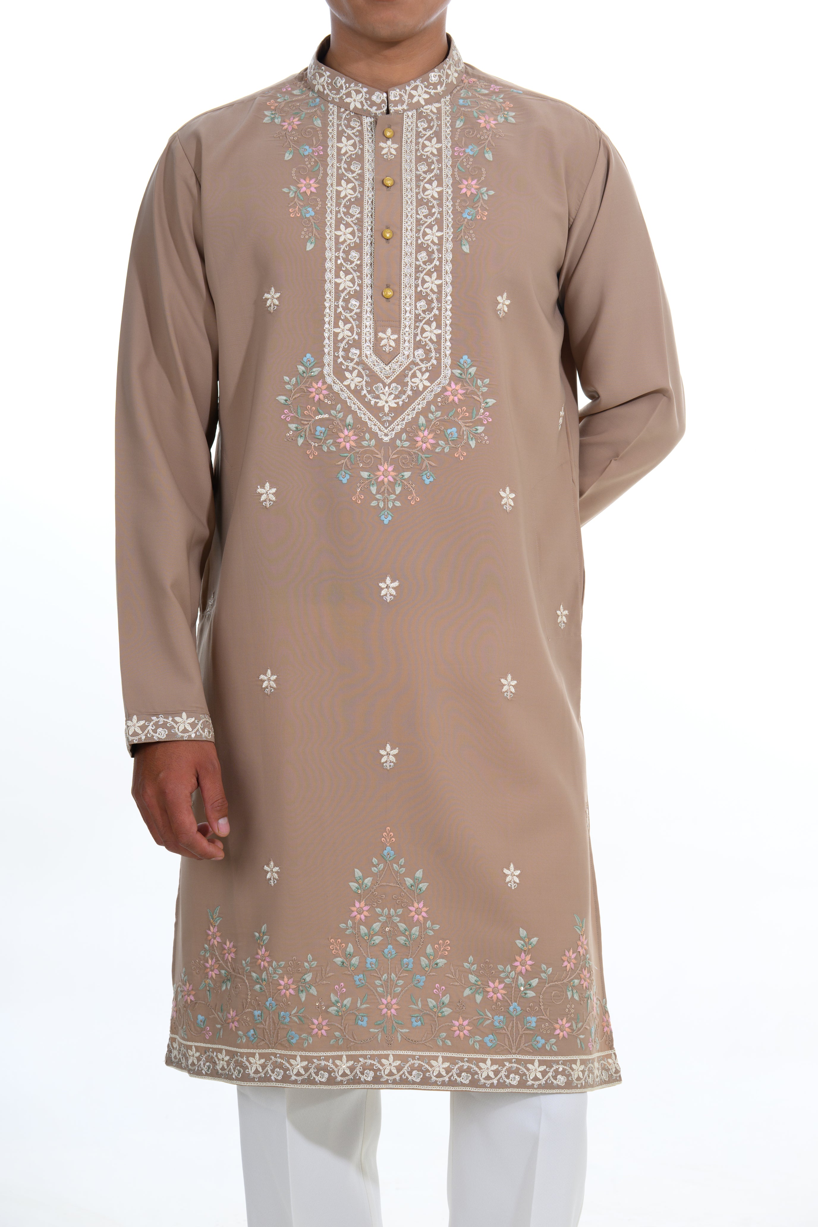 Stone Beige Floral Embroidered Kurta Set