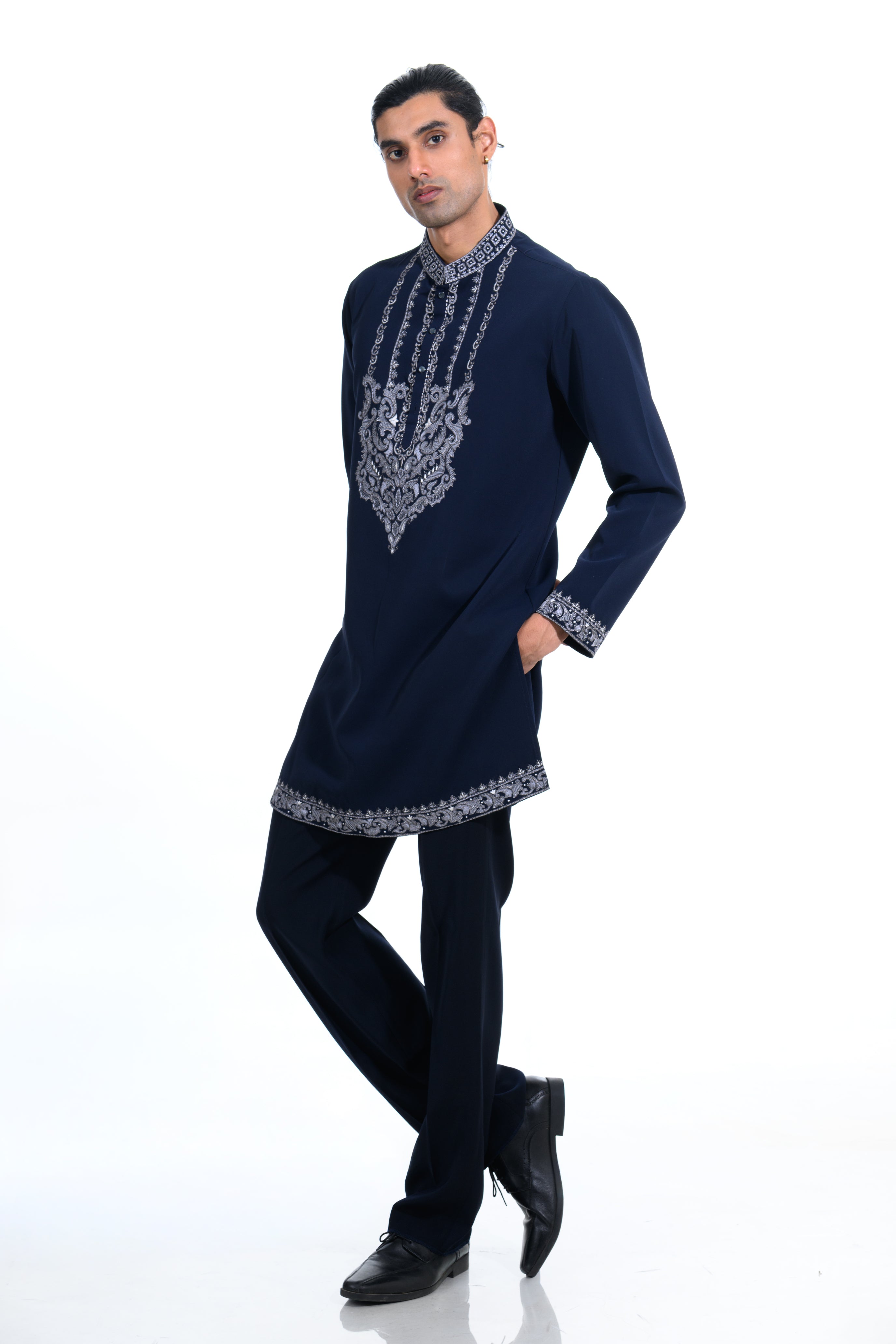 Midnight Navy Embroidered Kurta Set with Stole