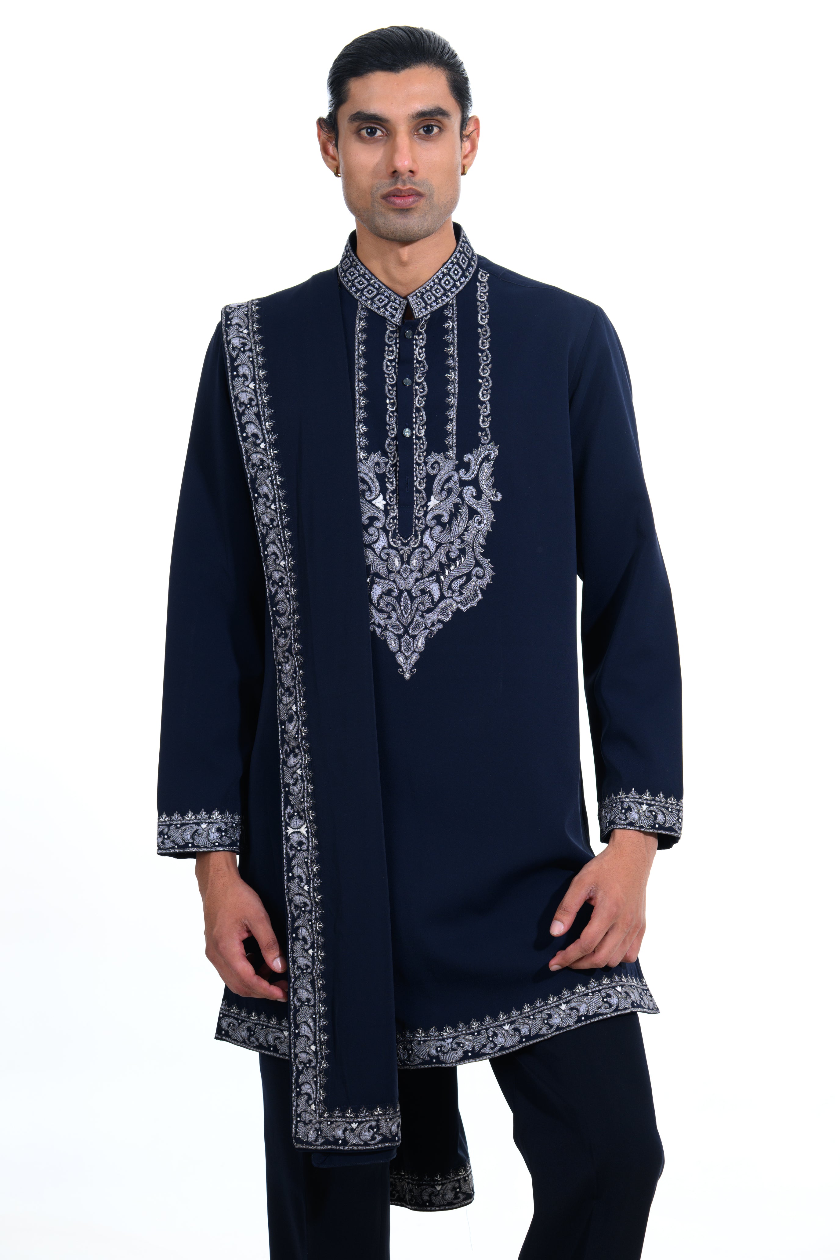Midnight Navy Embroidered Kurta Set with Stole