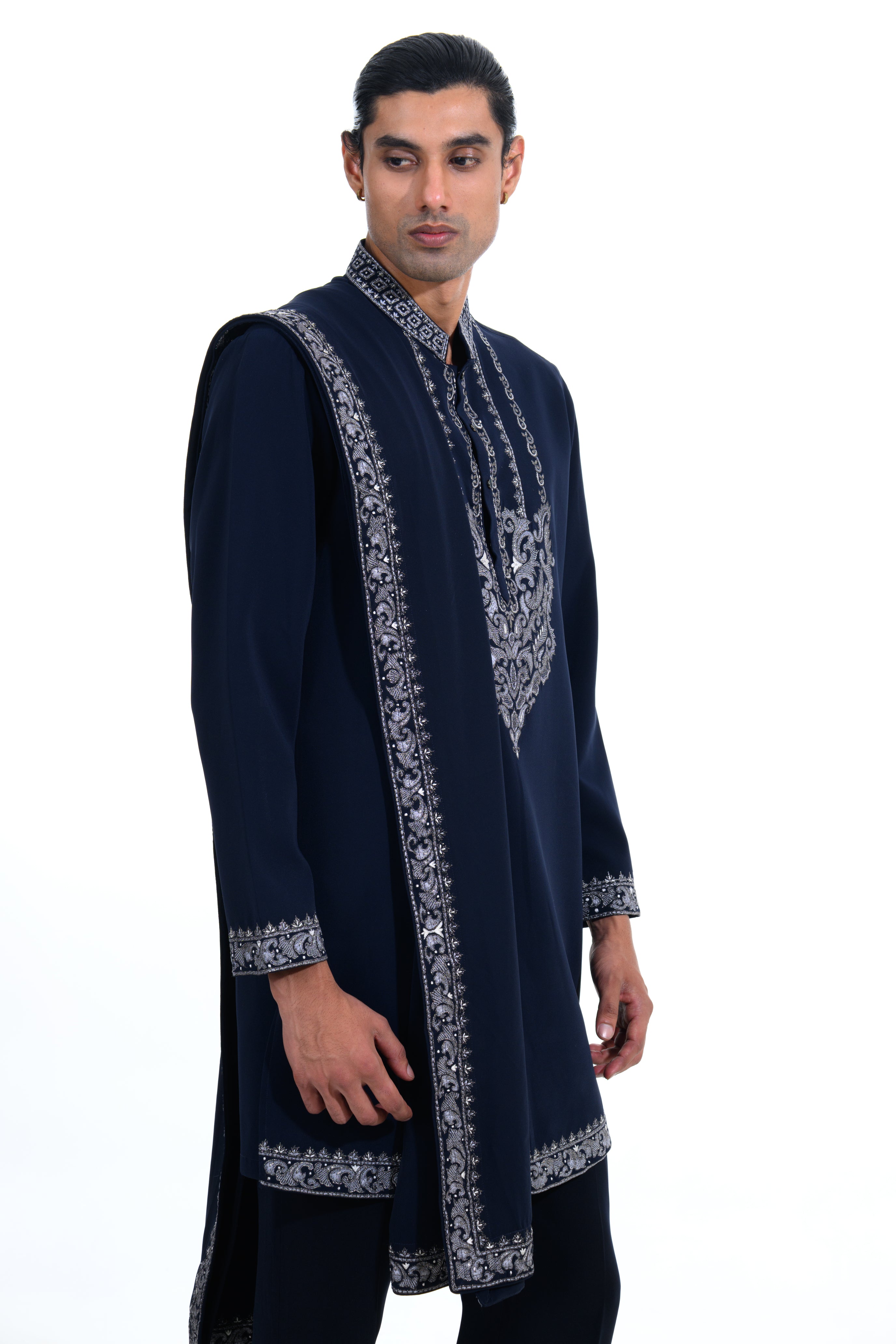 Midnight Navy Embroidered Kurta Set with Stole